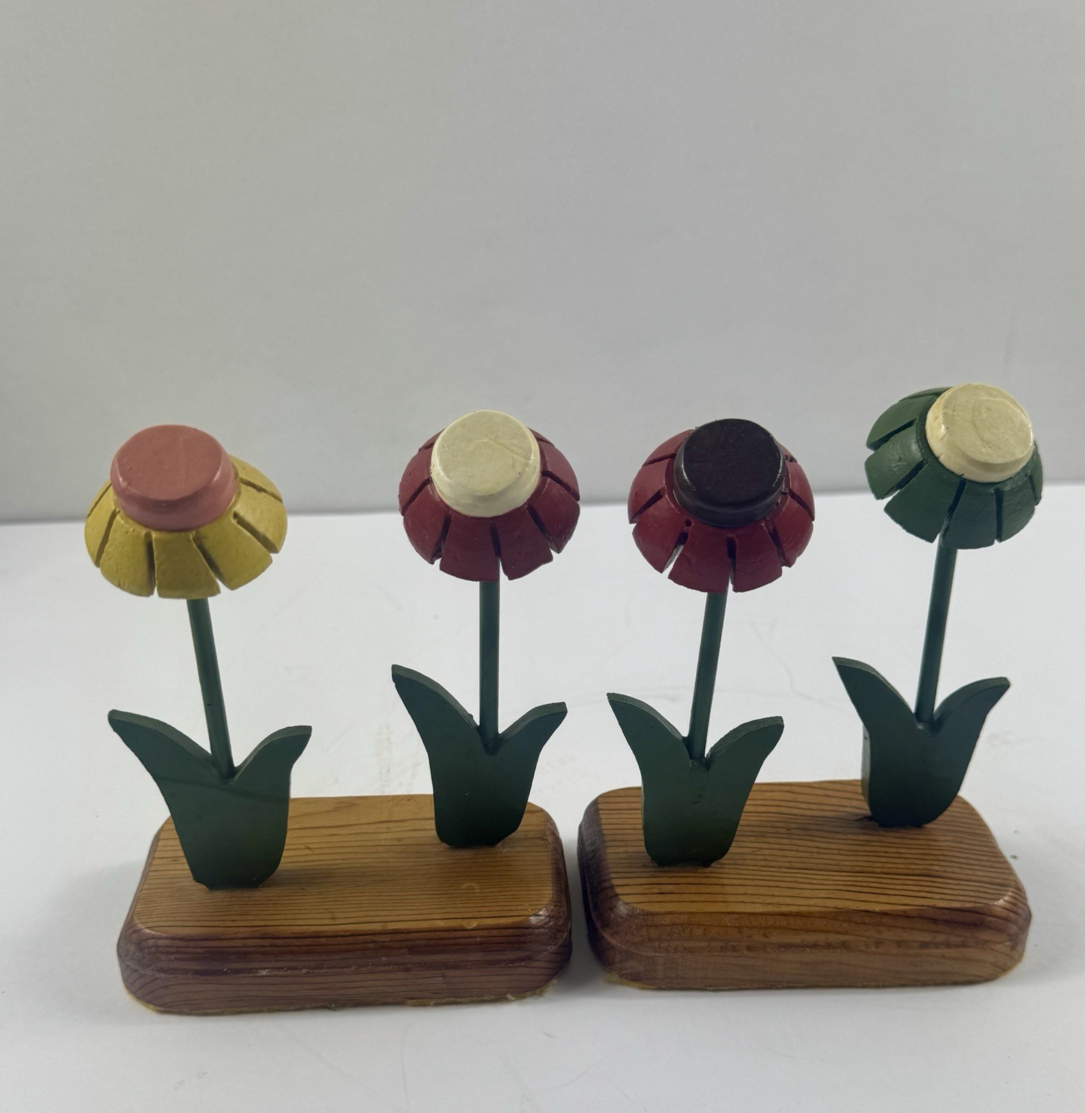 Vintage Wooden Flower Figurines Set x 2 Hand Painted Folk Art Floral Shelf Decor