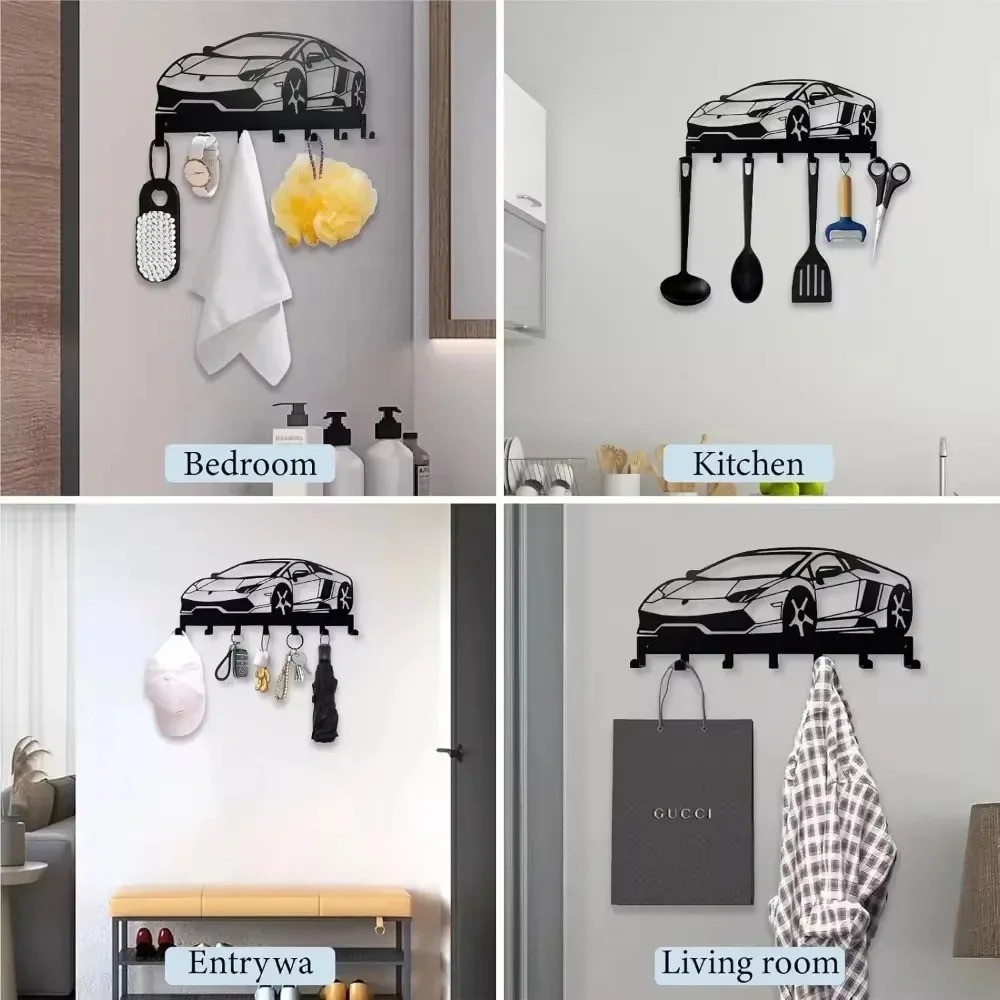 Black 7-Hook Metal Key Holder – Wall Mounted Entryway Car Key Organizer