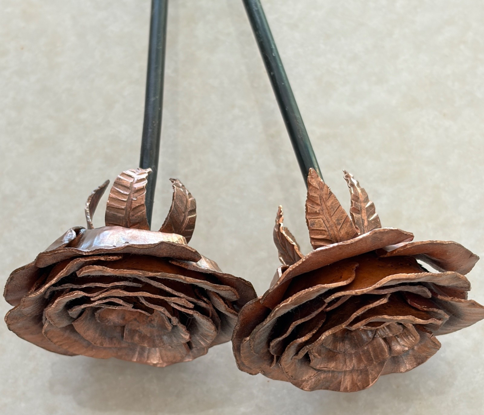 Copper-Tone Metal Rose Sculpture Pair 7” 9” Handcrafted Floral Decor