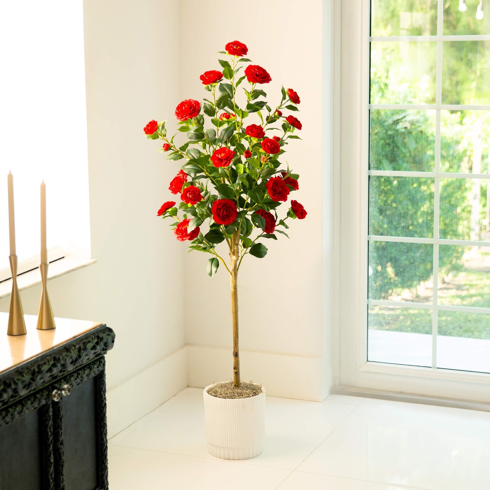 Nearly Natural 5ft Artificial Red Camellia Rose Tree in Red