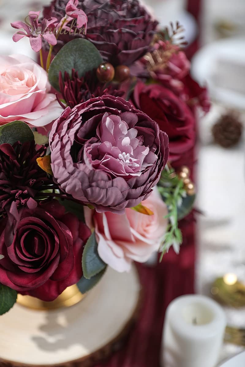 Burgundy, Pink Artificial Flowers, Fake Rose Silk, Wedding Bouquets, Center