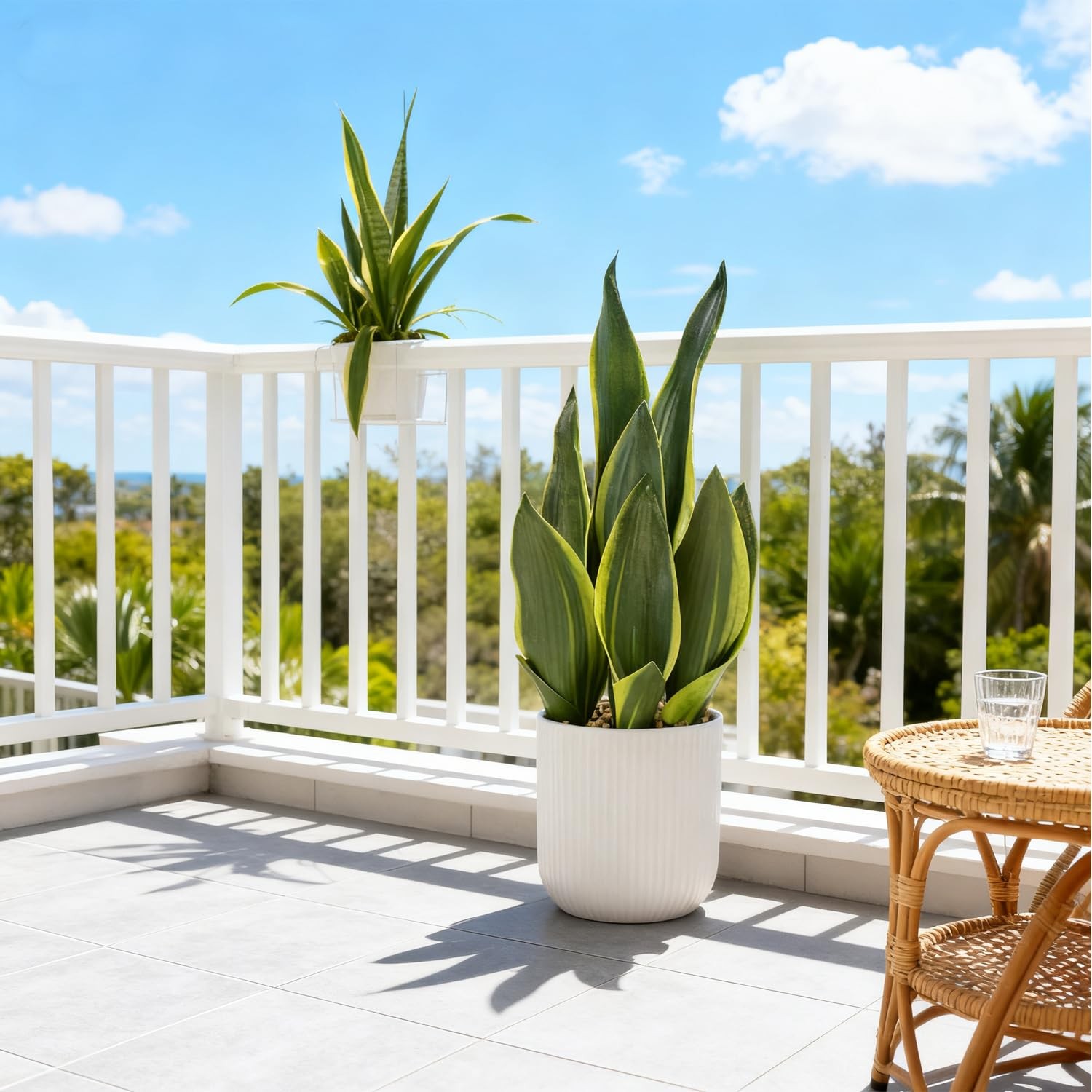 Artificial Realistic Snake Plant 16″ with White Ceramic Pot Fake Snake Plants…