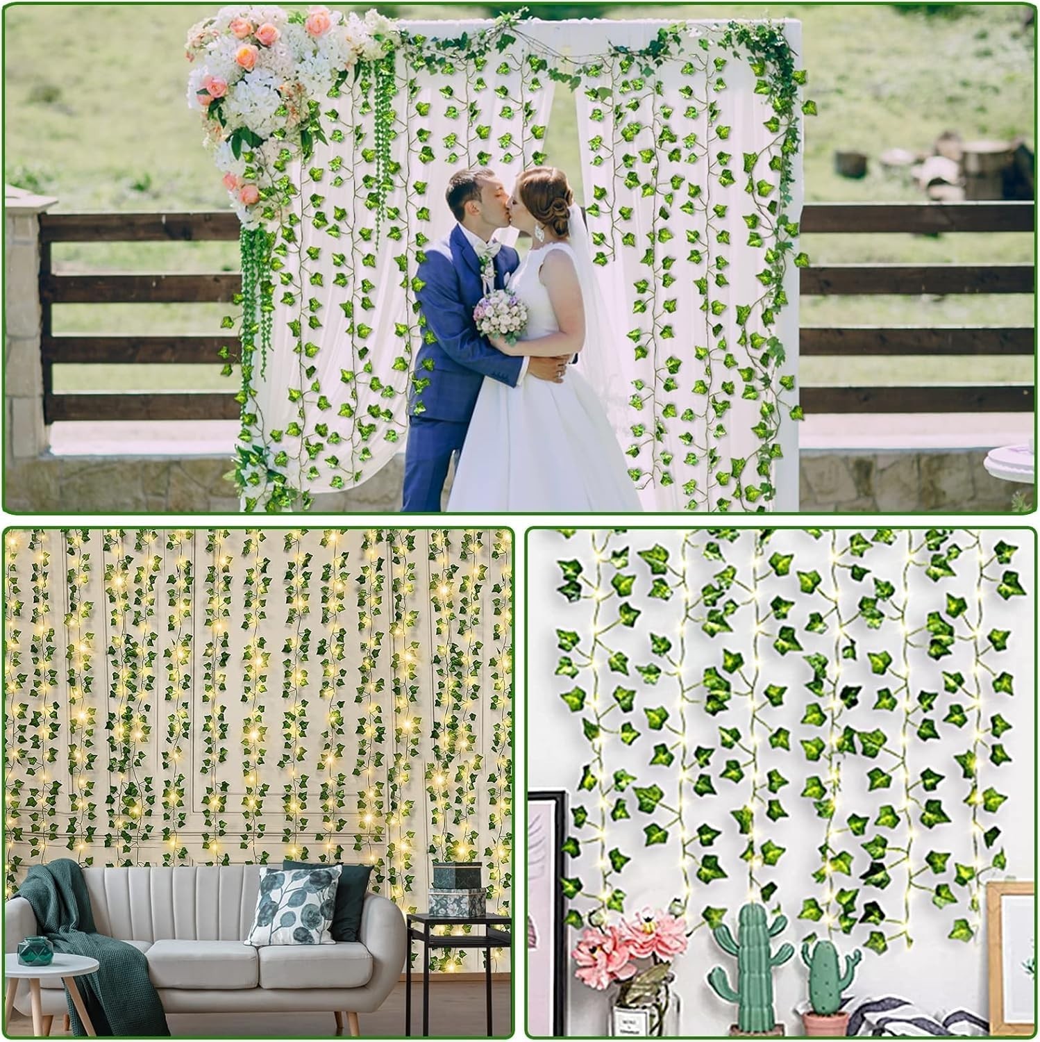 12 Pack Fake Vines 84Ft with 100 Lights & Timer, Thick Green Leaves, Faux Ivy Ga