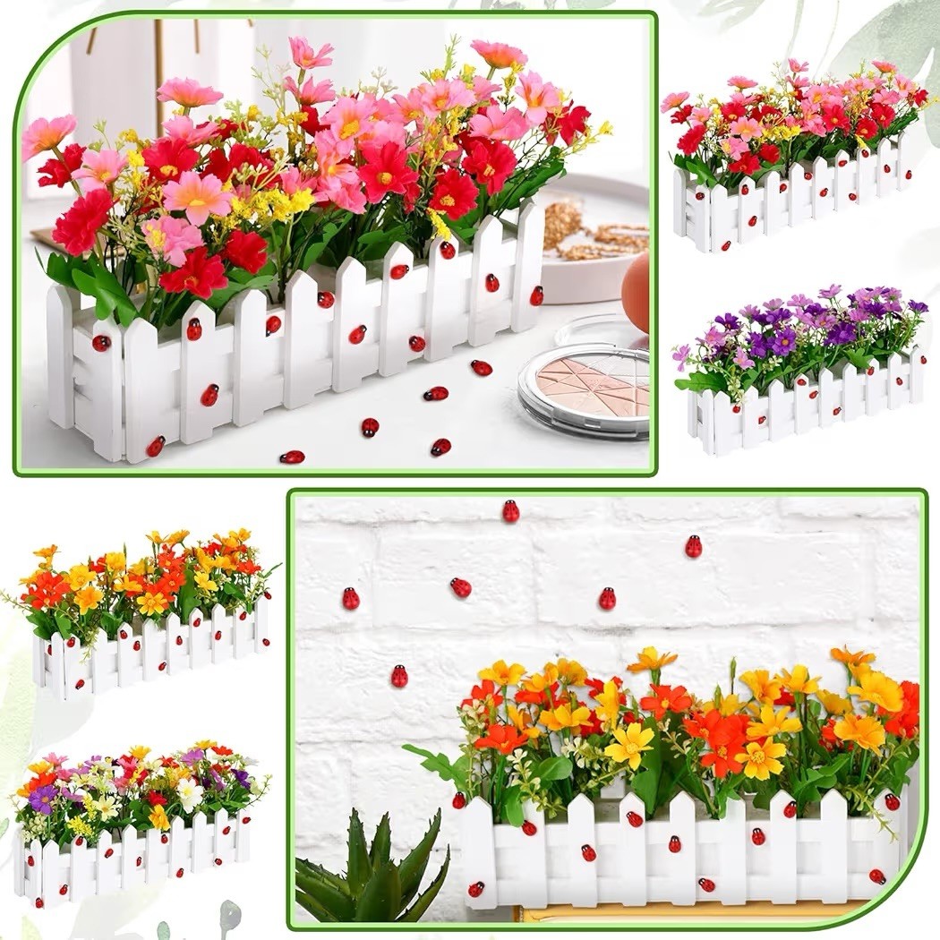 Mixed Color Faux Silk Daisies in Picket Fence Wood Planters for Spring, Set Of 4