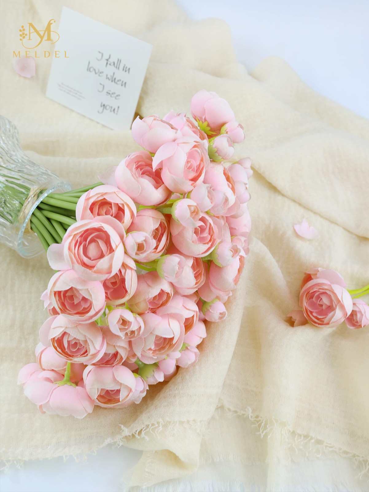 32 PCS Mini Pink Ranunculus Artificial Flower Faux Silk Wedding Bouquet