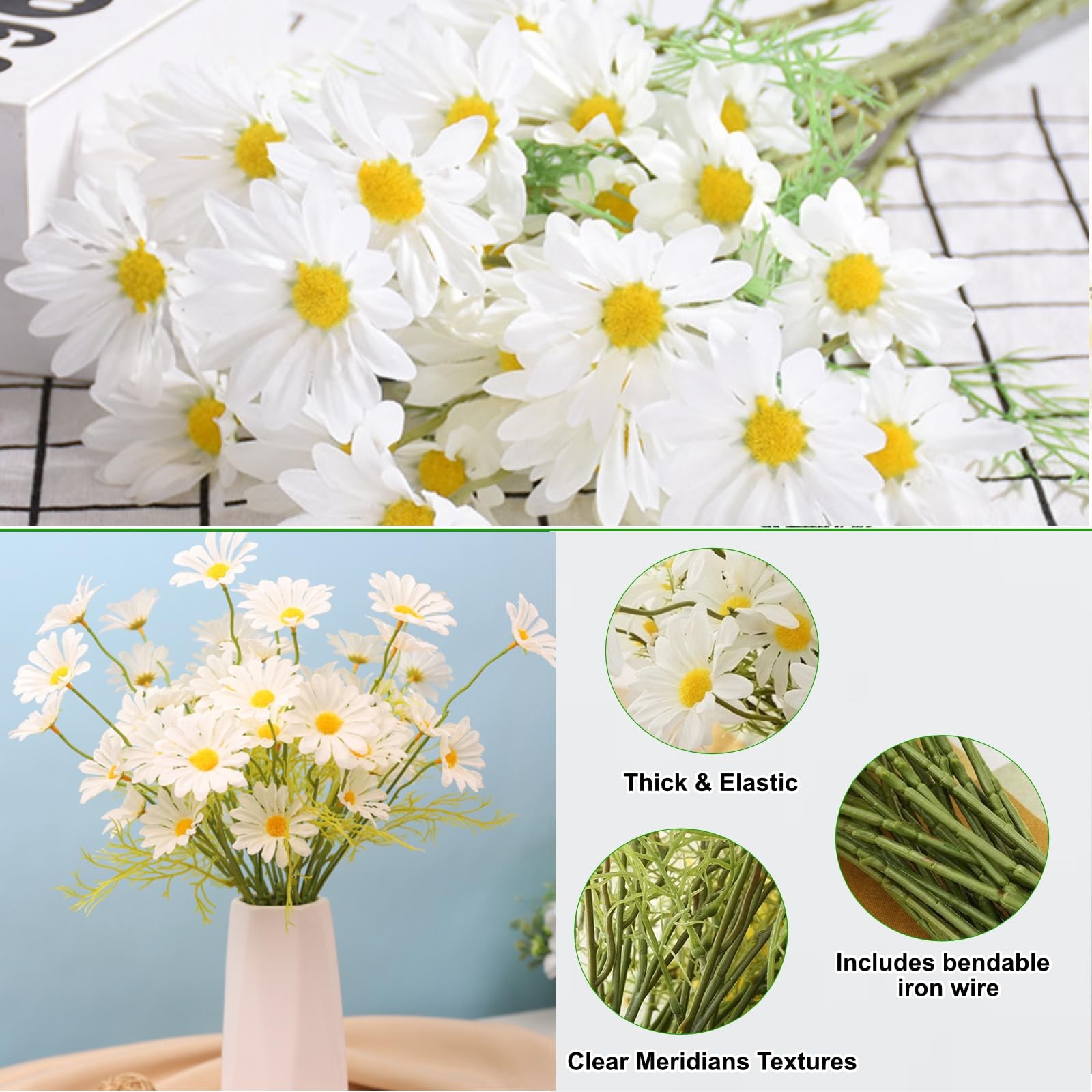 Artificial Flowers 8 Bundles 20” White Artificial Daisy Flowers UV Resistant …