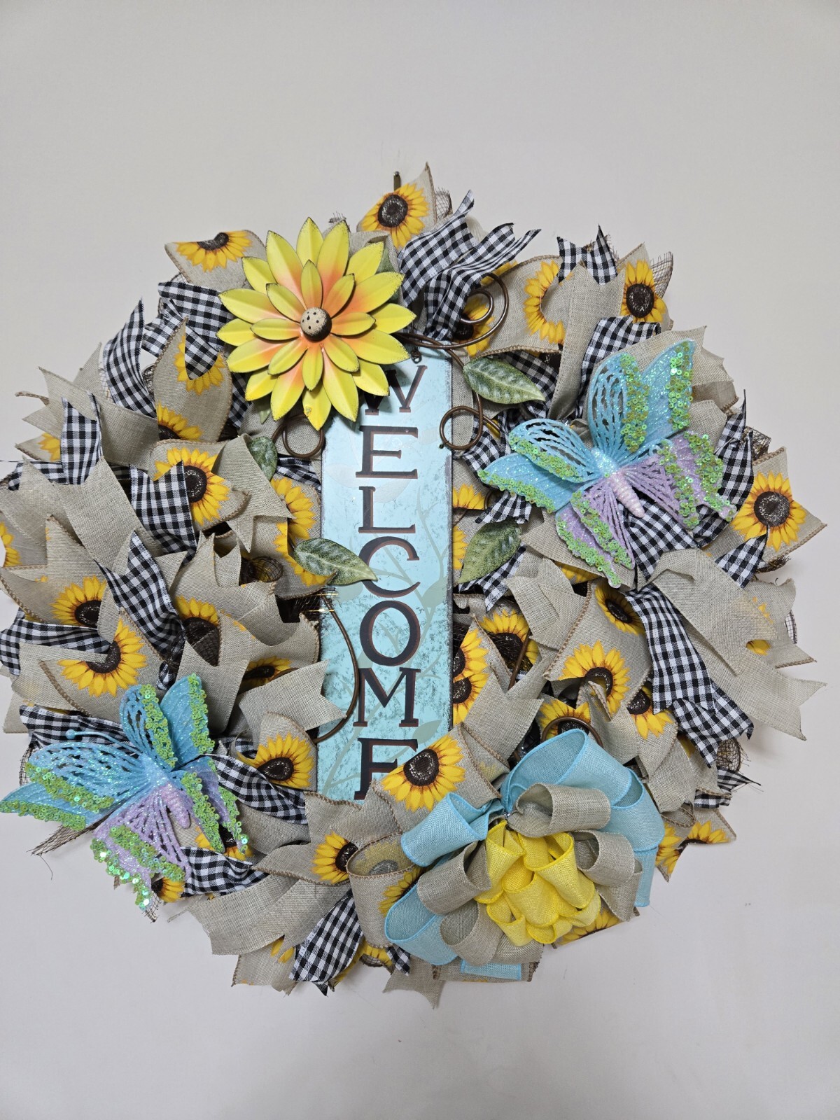 WELCOME Spring Summer Fall Front Door Wreath Wall Decor big Sunflower Butterfly
