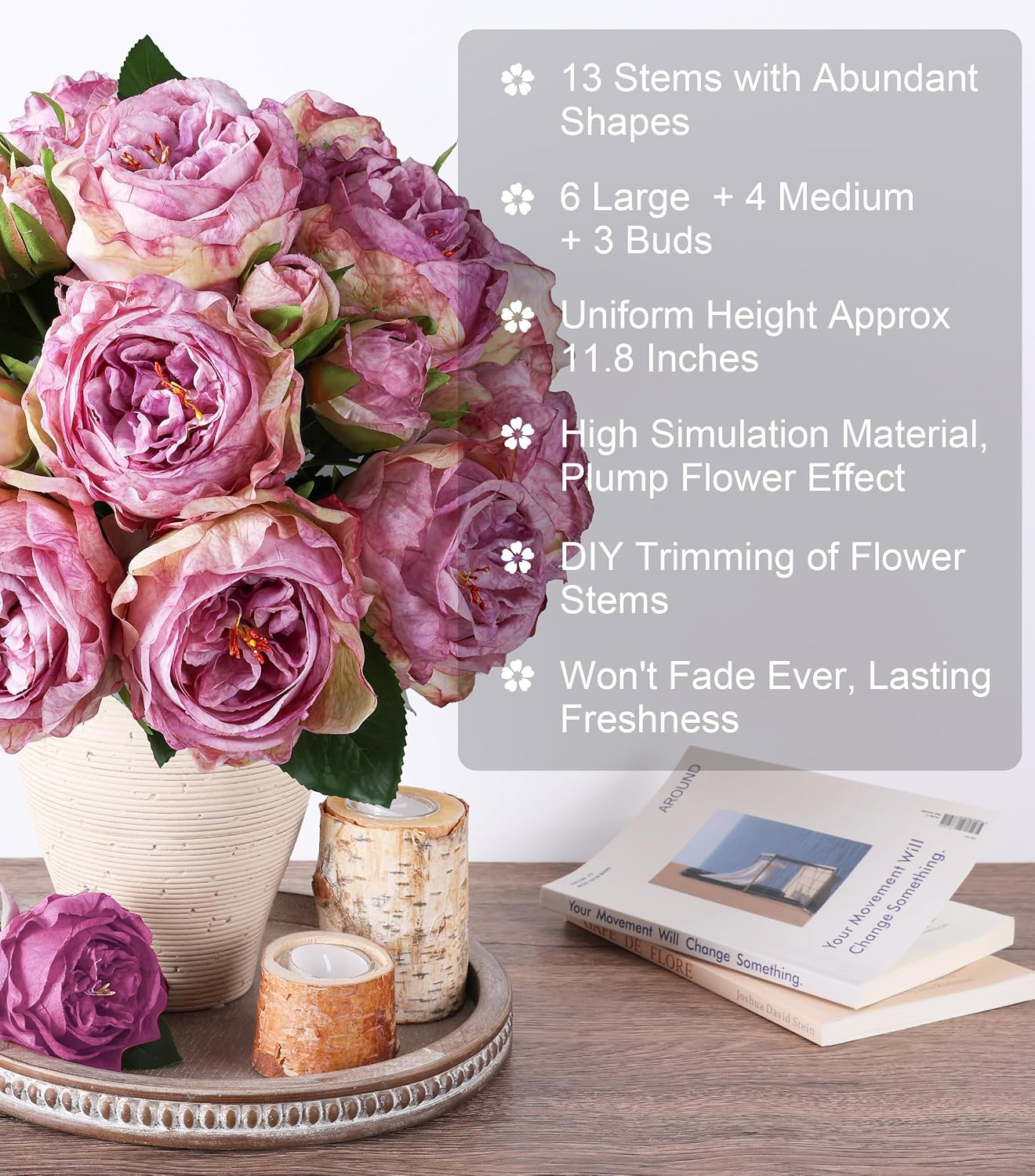 Purple Austin Rose Faux Flowers – 13 Branches Faux Austin Roses | for Wedding Ce