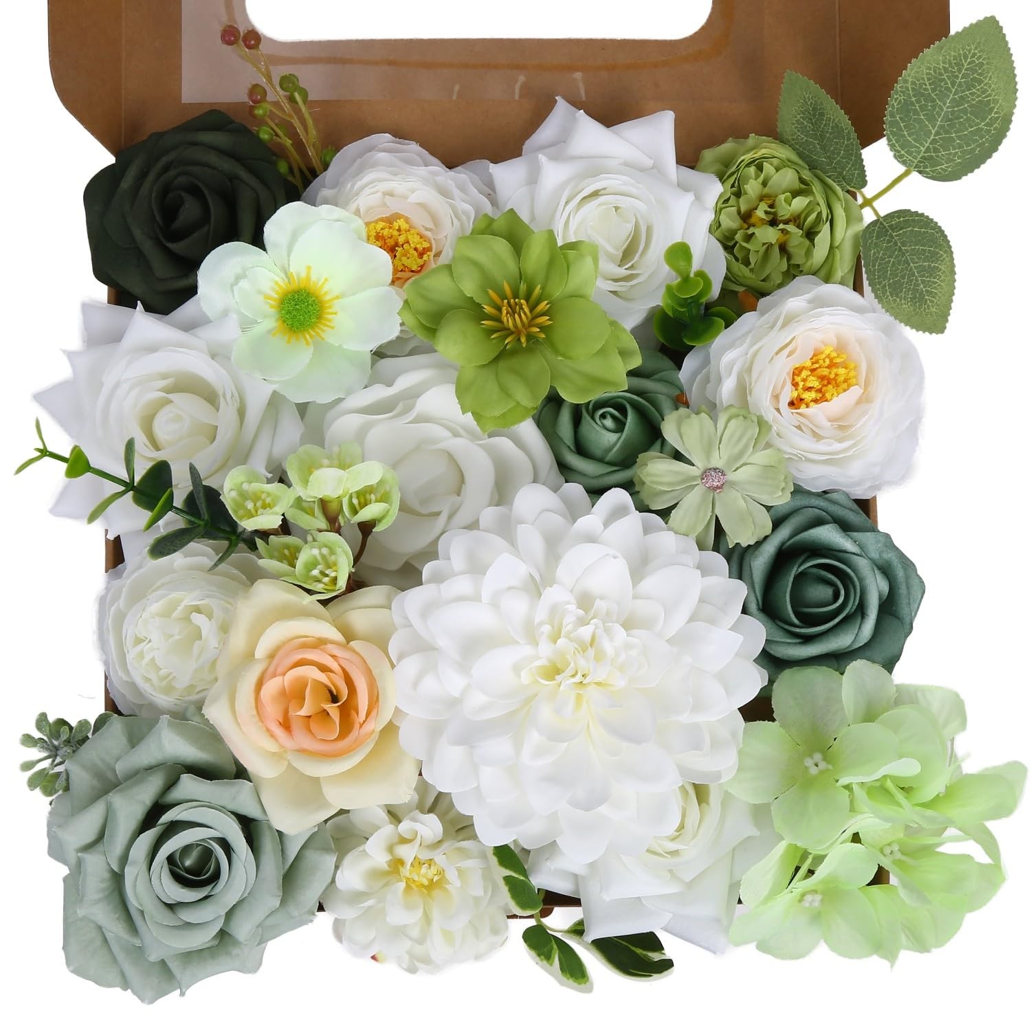 White & Green Artificial Flowers Combo Box Silk Fake Flower for DIY Wedding B…