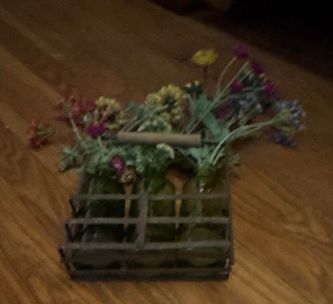 Multicolor Flower Arrangement in Green Glass Bottles with Metal Holder