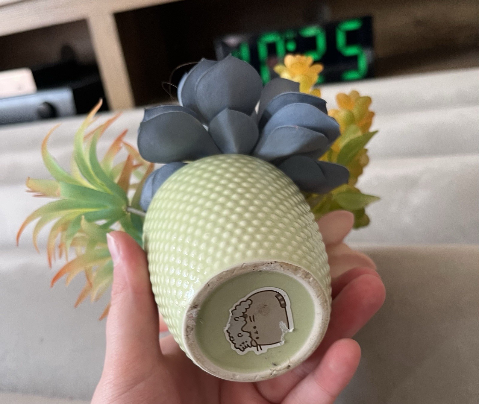 Artificial Succulent Floral Arrangement, Textured Light Green Pot, Mixed