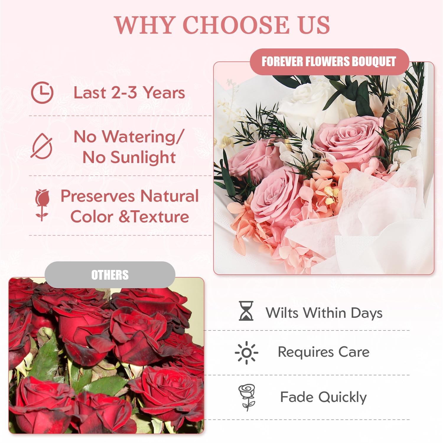 Preserved Flowers Bouquet Pink Rose Gift For Her Mom Grandma Anniversary