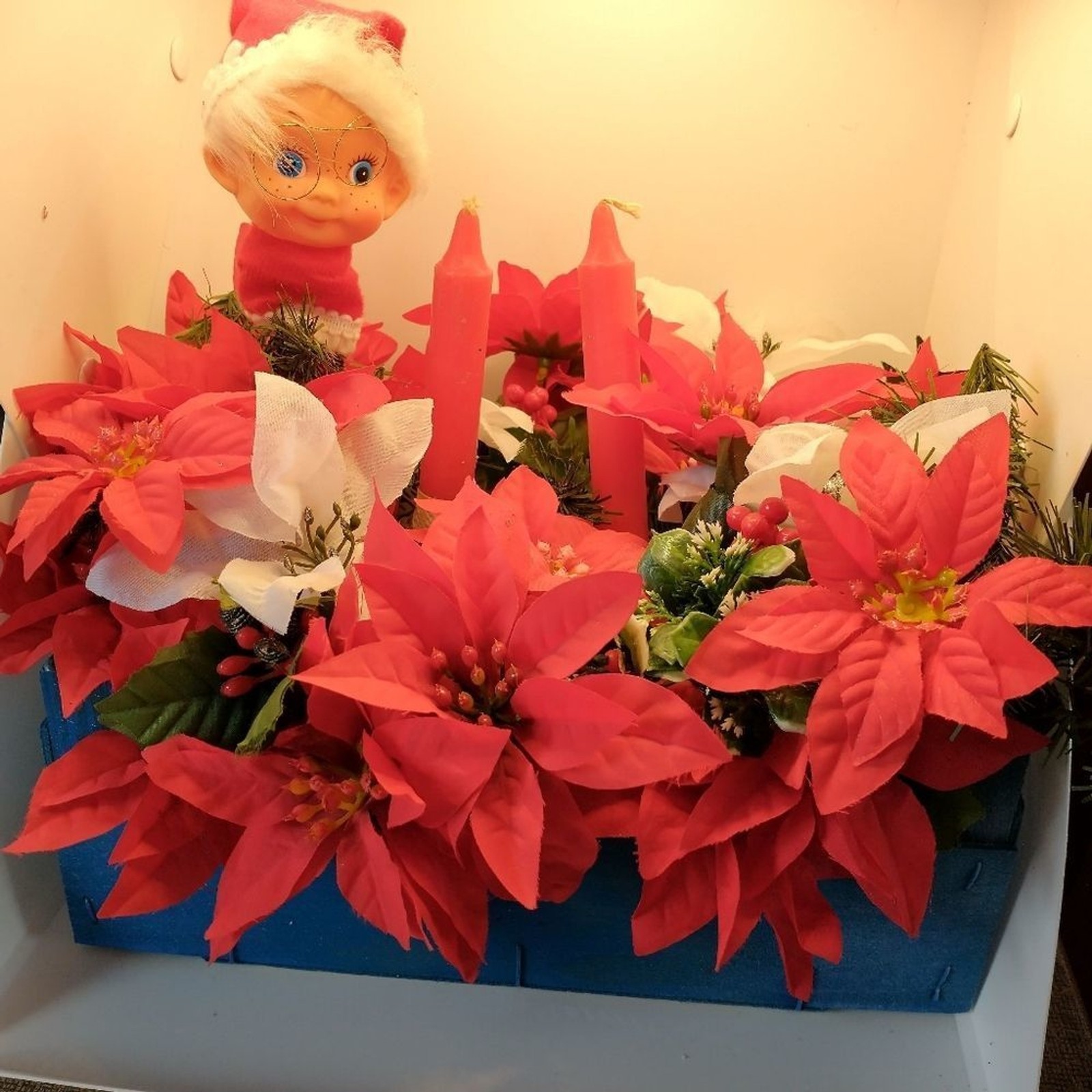 Hand Crafted Floral Table Centerpiece Winter Poinsettia Elf Candle Basket