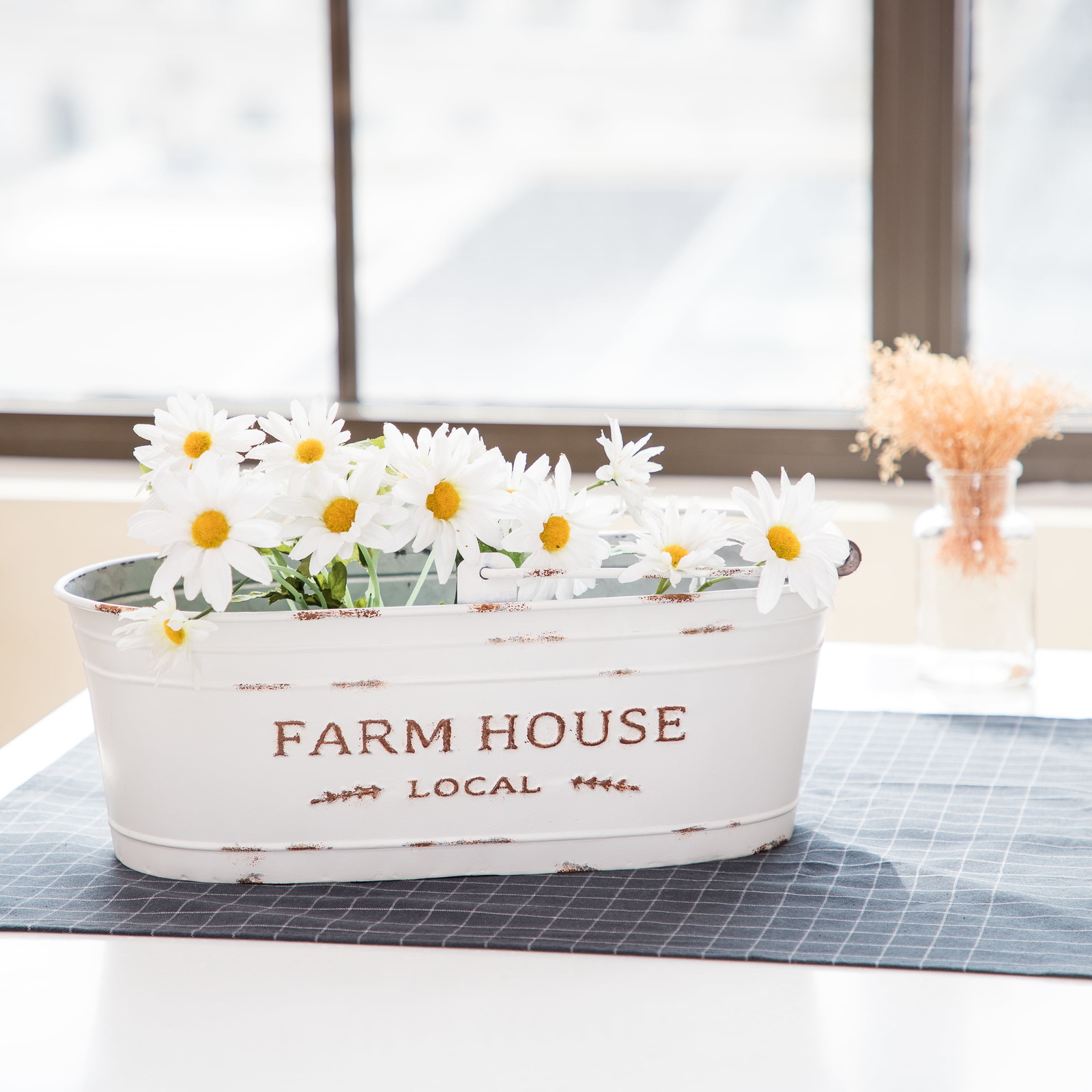 White Oval Farmhouse Bucket for Artificial Floral with Handle Home Décor