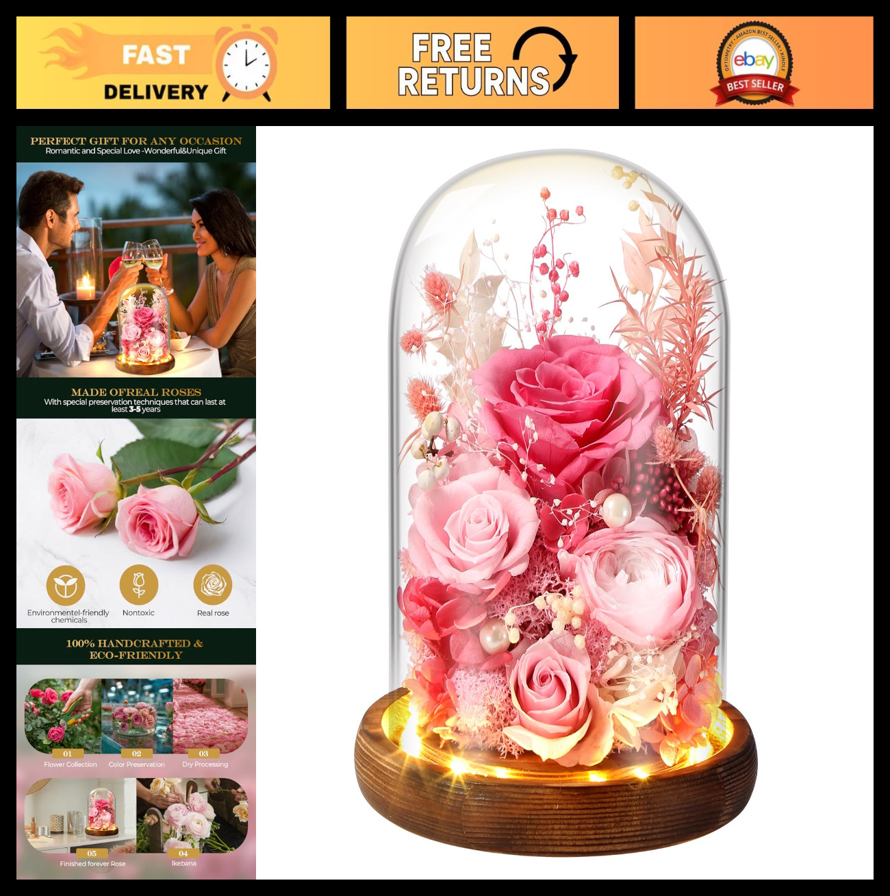 LED Glass Dome Flower Light – Long-Lasting Real Flower Gift for Women, Moms & Fr