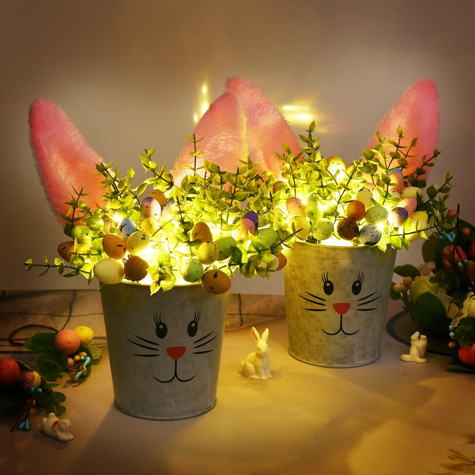 2 PCS Easter Decorations Indoor Artificial Flower Lighted Bunny Desk Decor