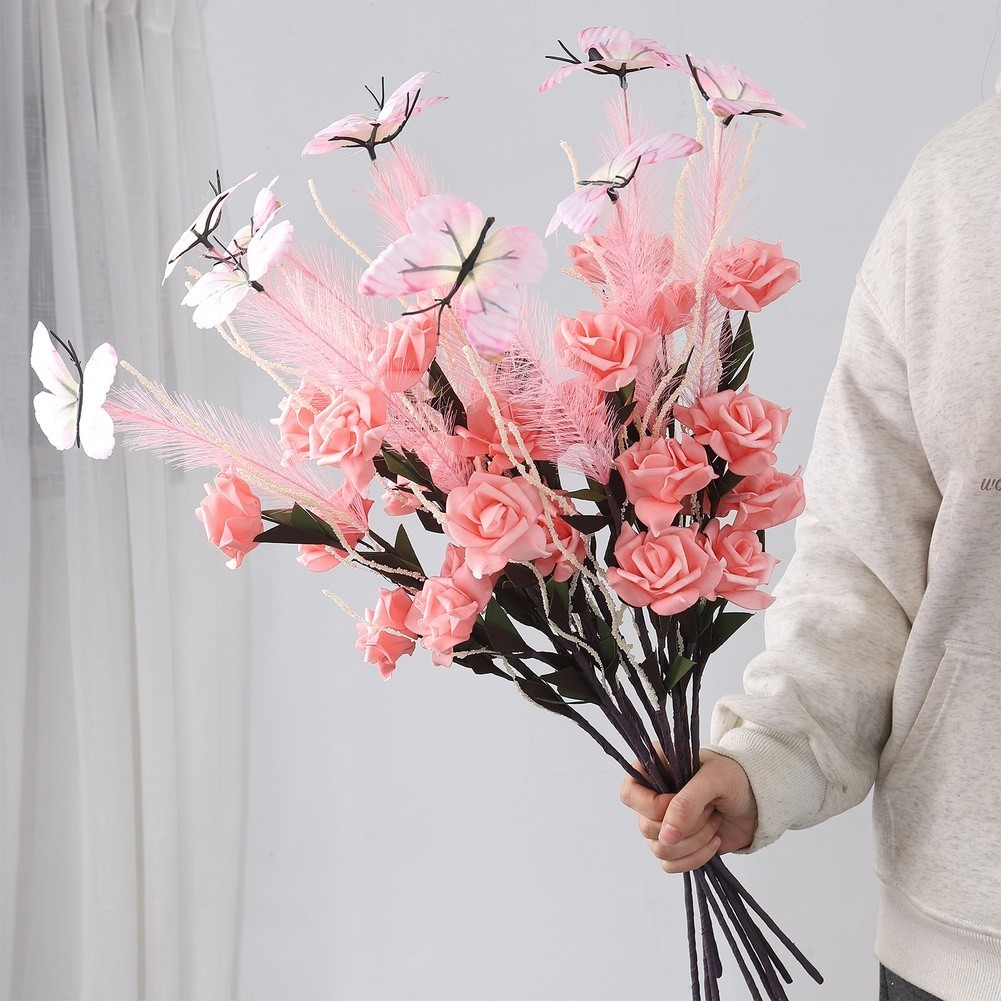 Artificial Reed Flower Bouquet for Wedding Home Office Decor White Pink Yellow
