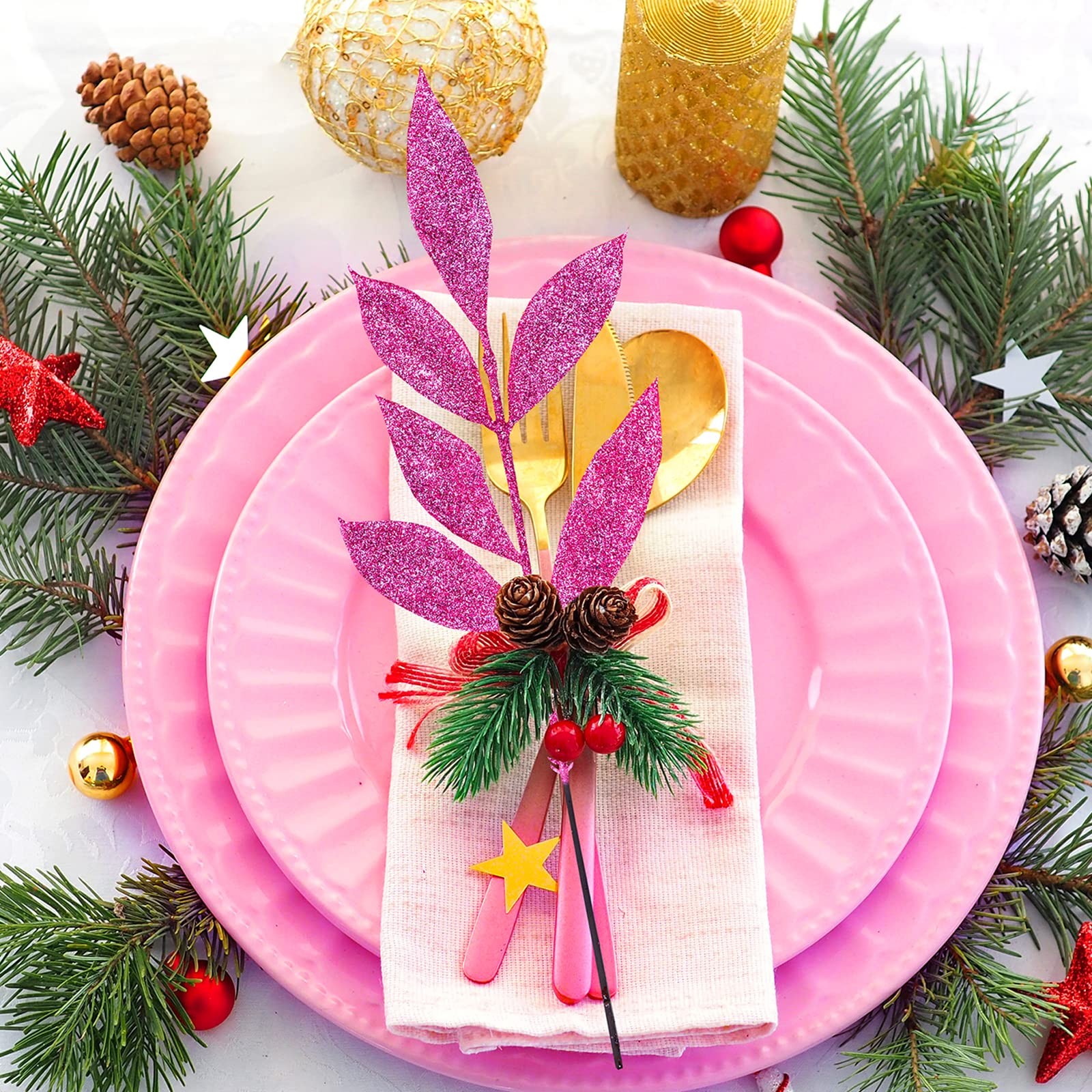 20 Pcs Pink Glitter Bay Leaf Sprays Artificial Christmas Tree Picks 12.7 Inch