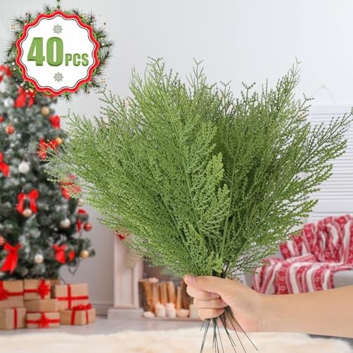Artificial Pine Branches,Pcs Christmas Faux Cedar Stems, Artificial 40 Green