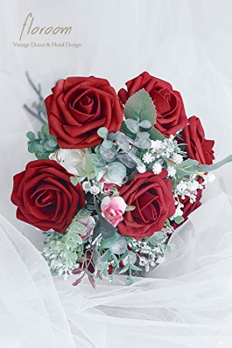 floroom Artificial Flowers 25pcs Real Looking Dark Red Foam Fake Roses with