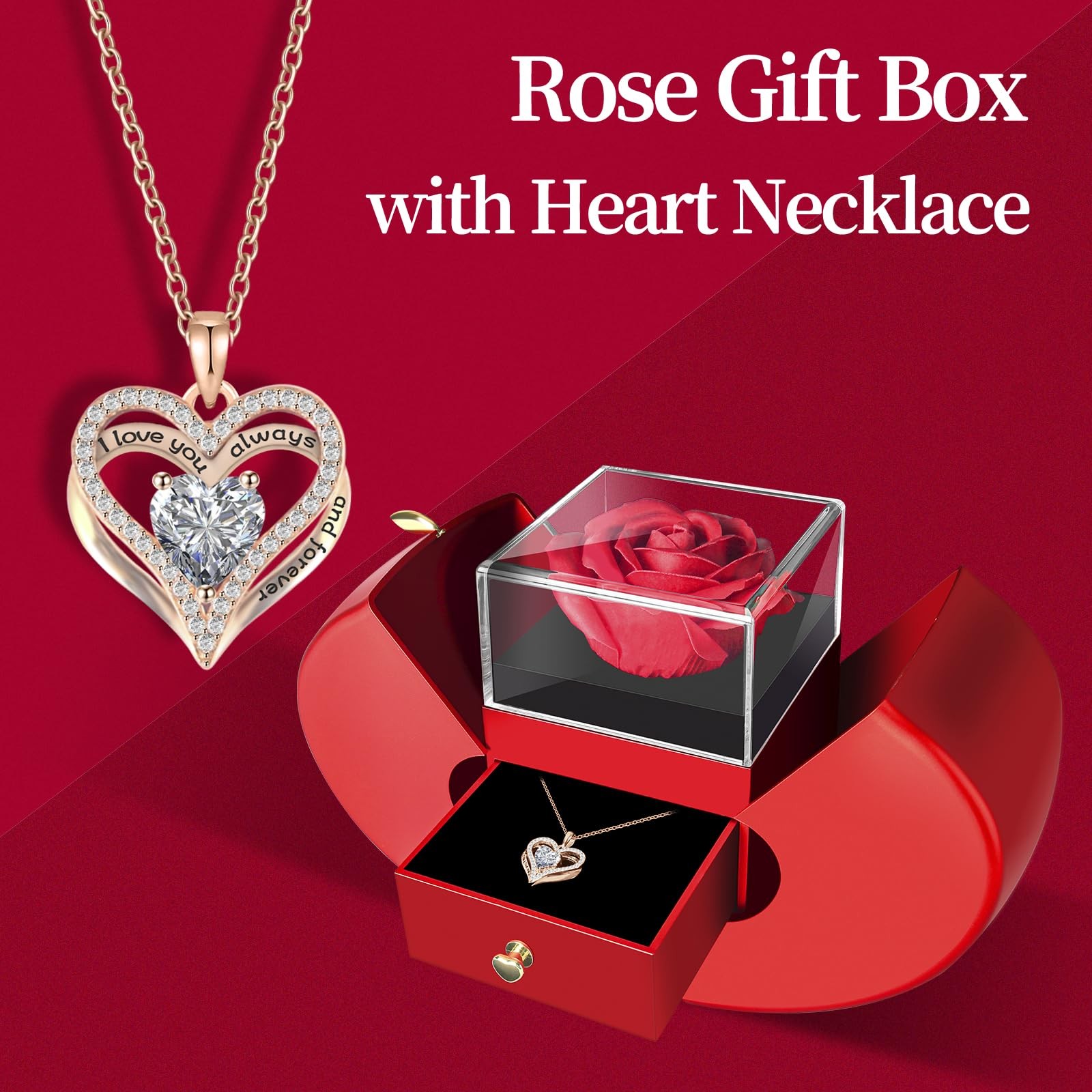 Preserved Flower Red Rose with Heart Necklace, Gifts for Mom, Girlfriend, Women,