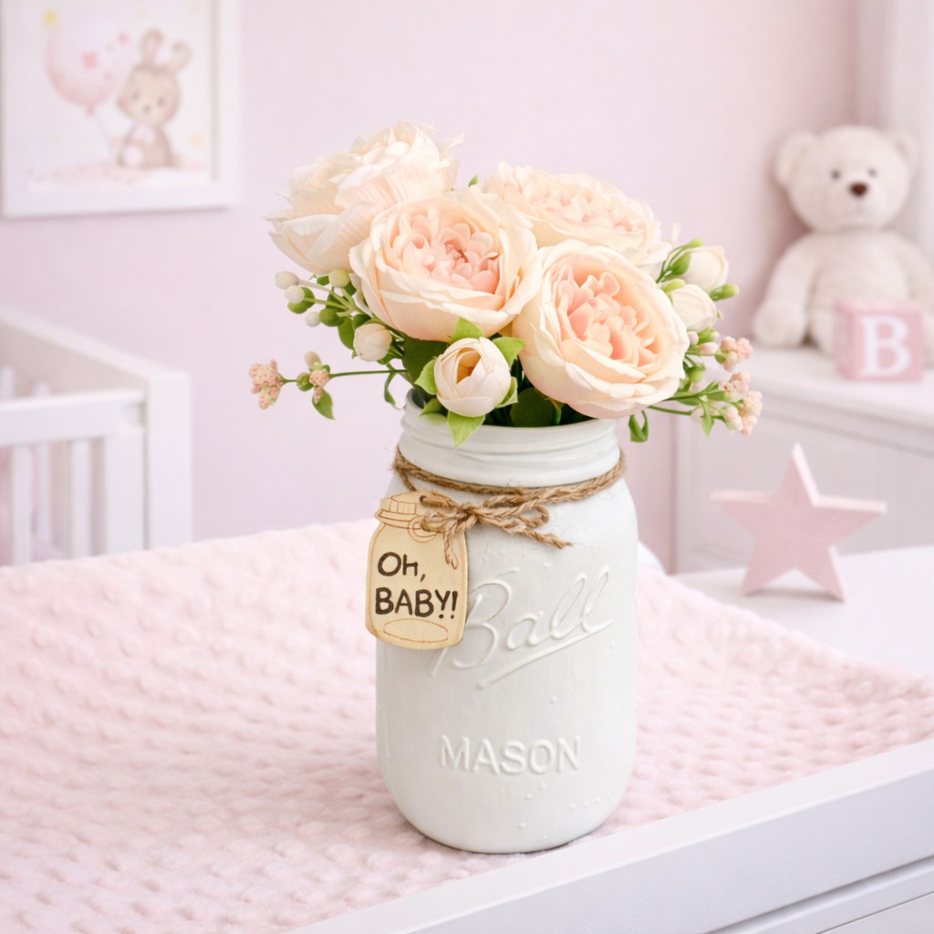 Pink English Rose Mason Jar Arrangement Baby Shower Centerpiece Nursery Decor