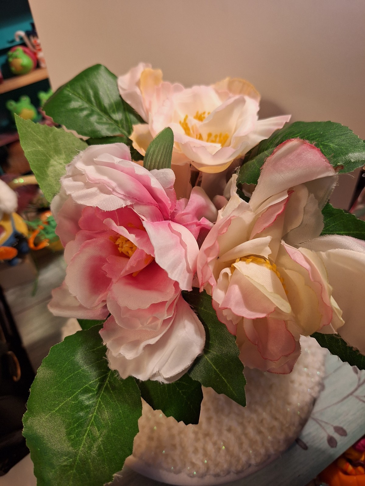 Peony White And Pink Glass Vase 6″ tall  Spring Centerpiece Flowers In Resin