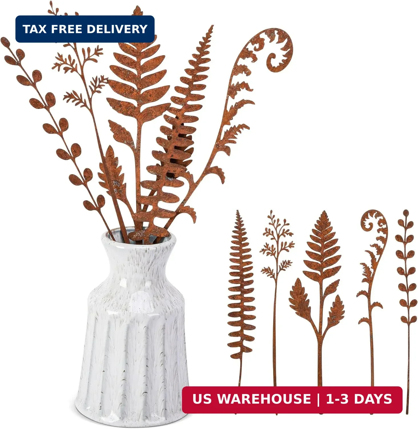 5 Pcs 14.2” Longer Rusty Metal Flowers and Plants, Rustic Metal Fern Leaf Garde