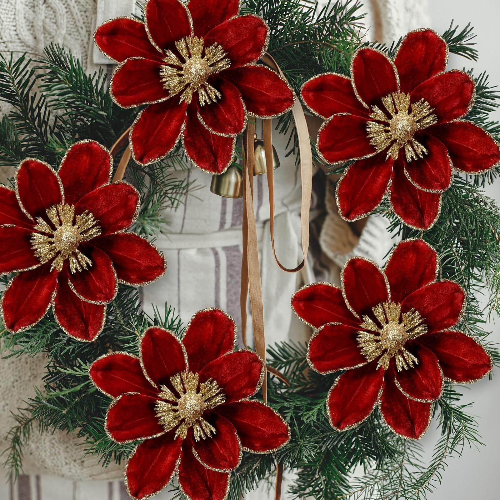 18 PCS 5.9 Inch Christmas Magnolia Flower Artificial Glitter Velvet Wine Red