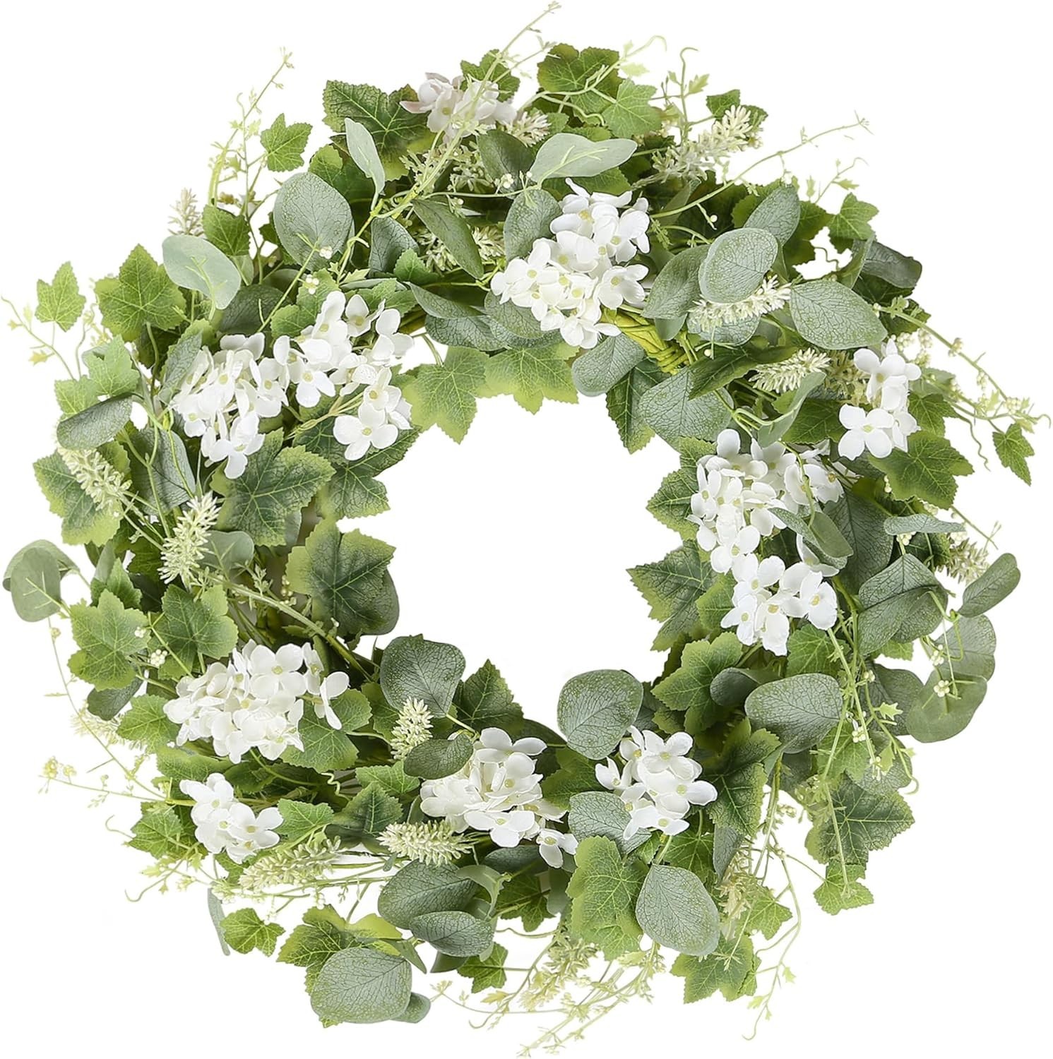 18-Inch Artificial Spring Summer Wreath with Eucalyptus and White Flowers