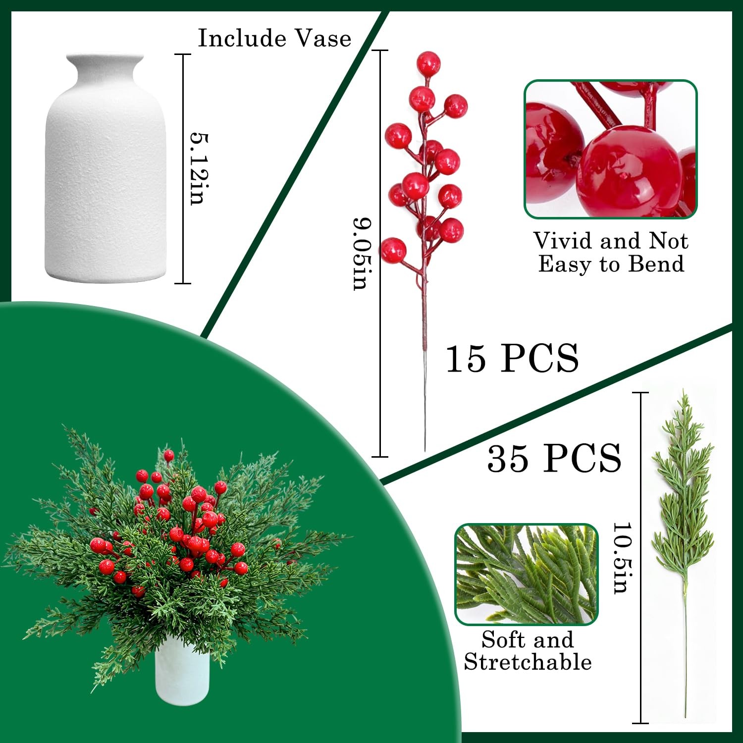 50 Pcs Christmas Artificial Pine Branches with Red Berry Stems, Fake Pine Nee…