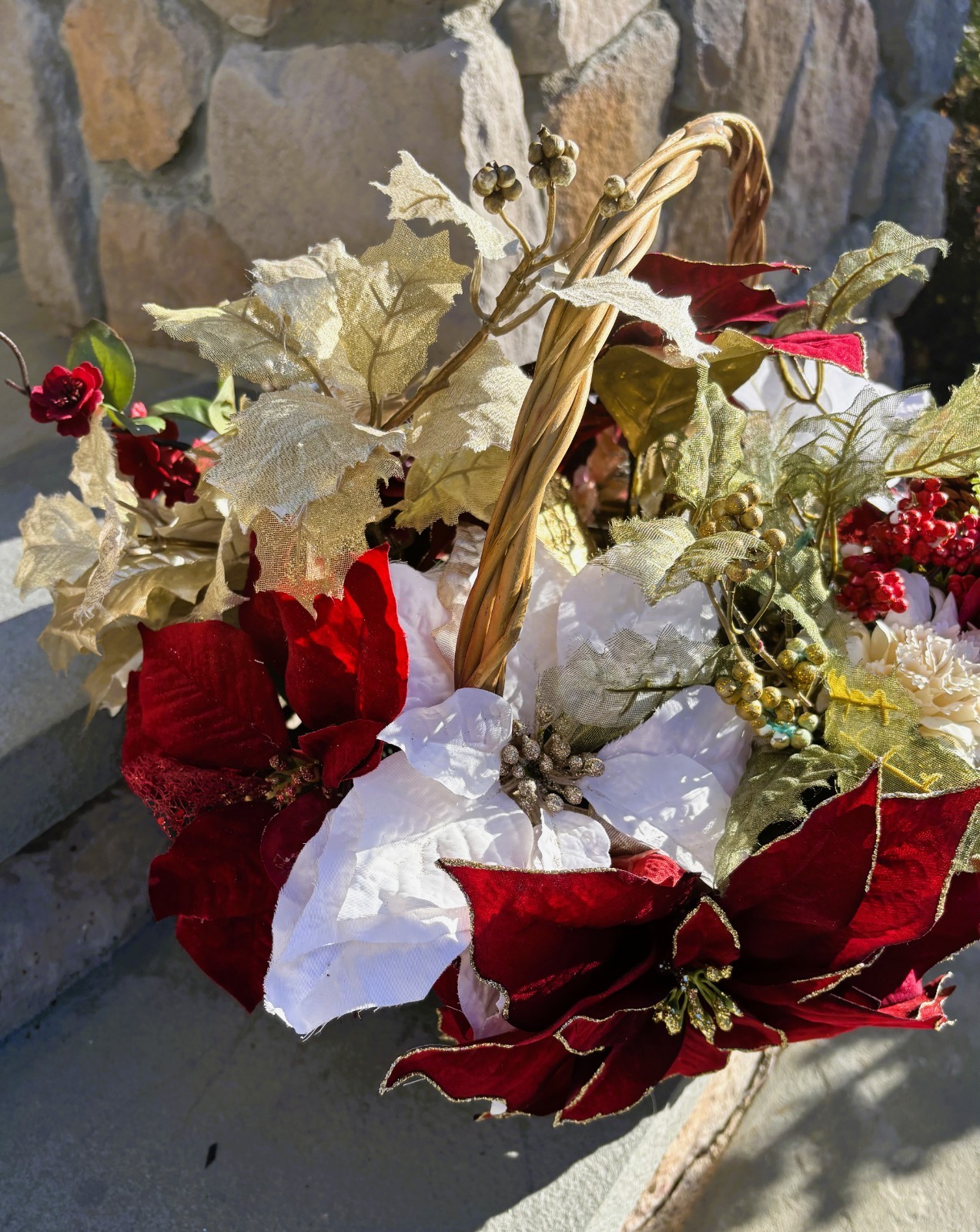 Burgundy and Gold Flower Christmas Basket