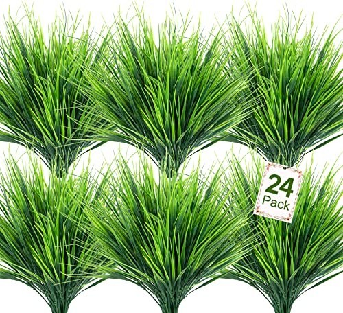 24 Bundles Artificial Plants – UV Resistant Fake Wheat Grass for Garden, Patio,