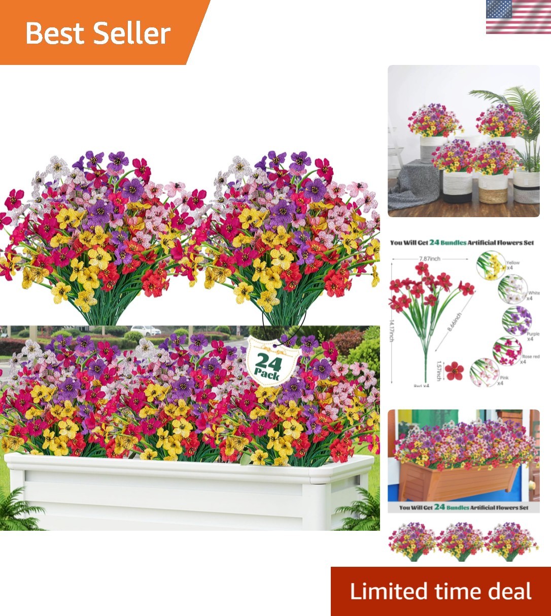 24 Pcs Artificial Flowers for Outdoor,Plastic Flowers Decoration, UV Resistan…