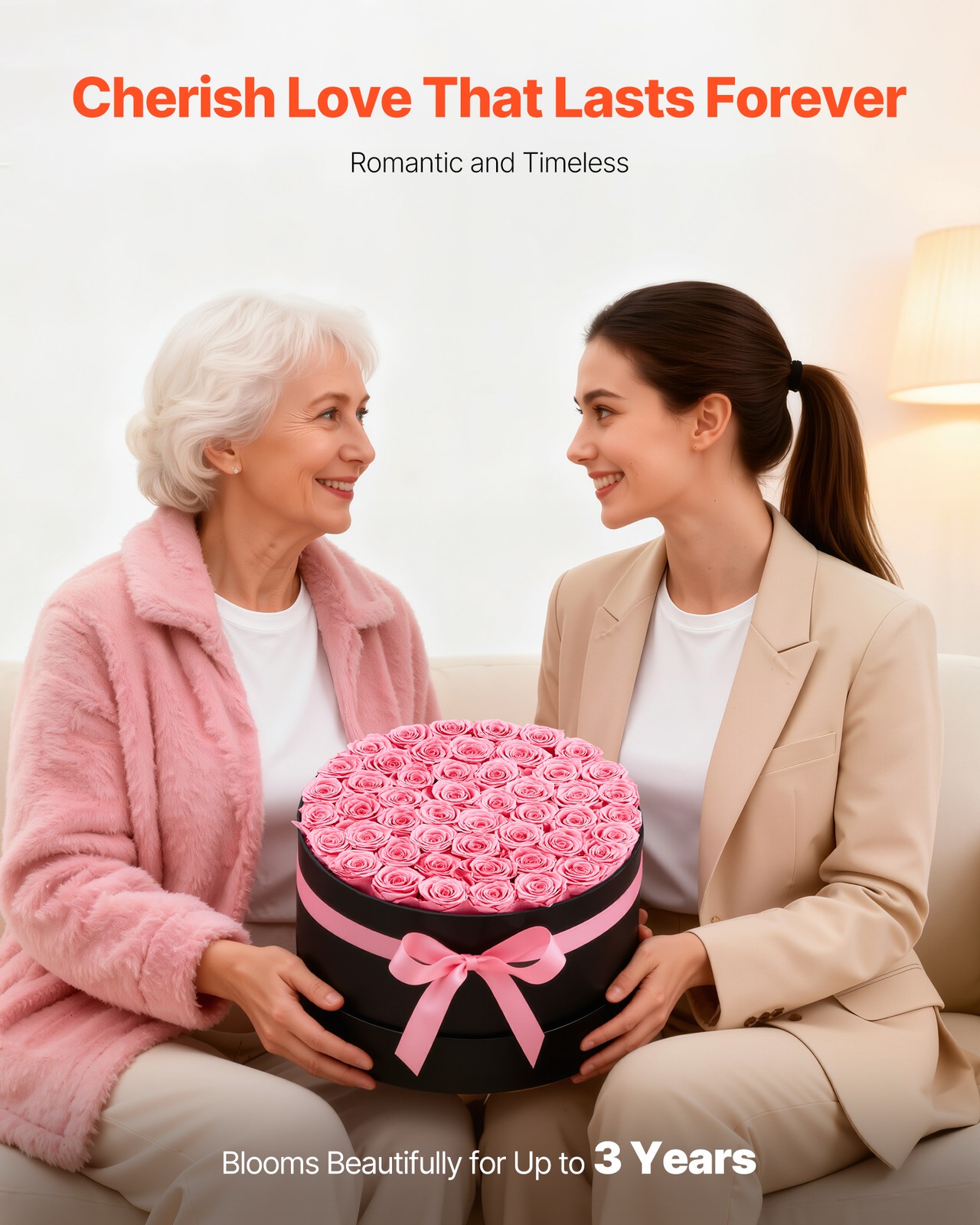 VEVOR Forever Flowers 50 Preserved Roses Round Box Eternal Bouquet Sweet Pink