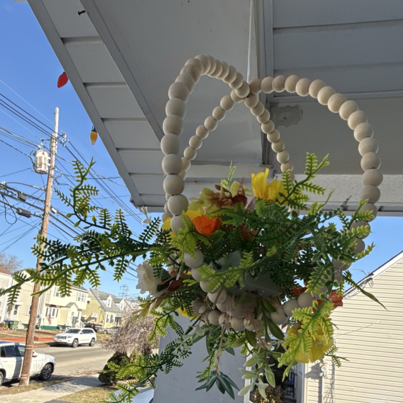 Artificial Hanging Basket Floral Arrangement with Wooden Bead Hoop, Rose, Fern
