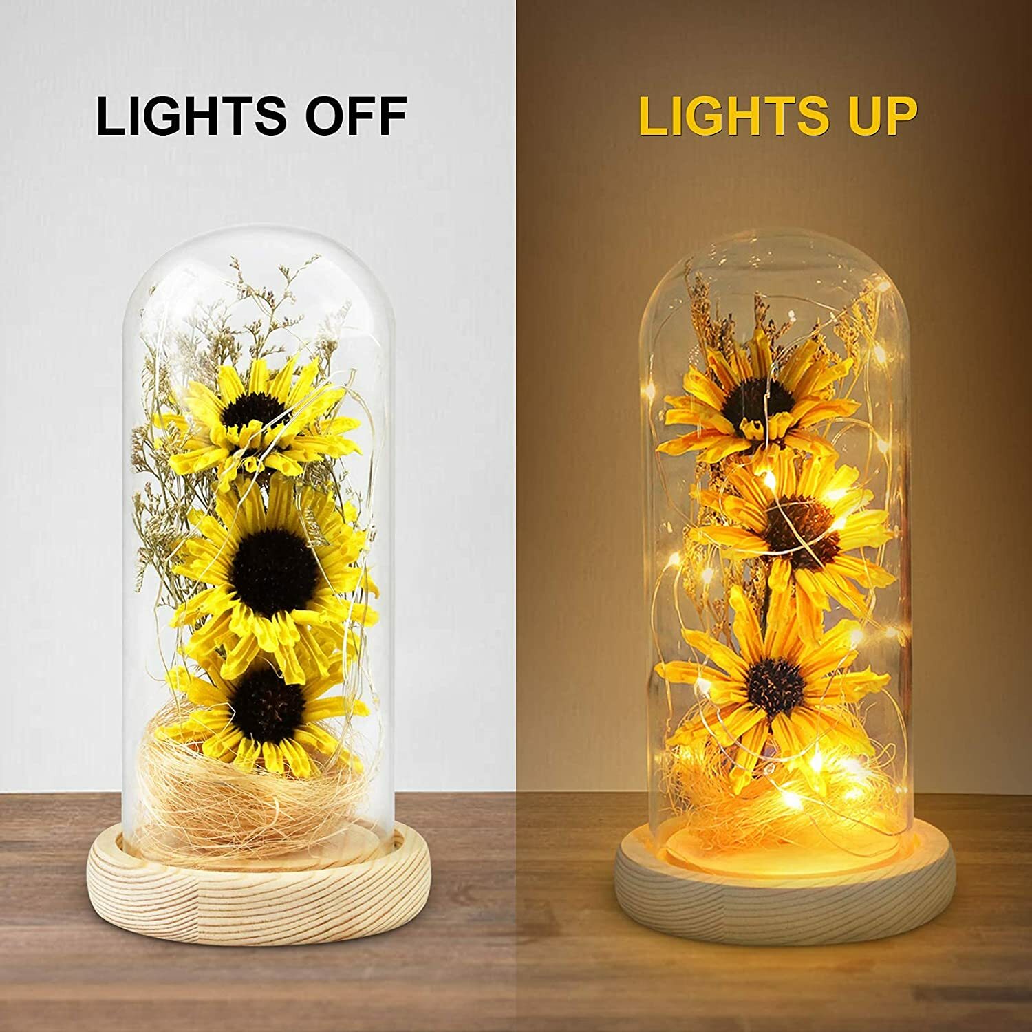 Artificial Sunflower in Glass Dome with Led Light Strip Gifts for Women Mom Girl