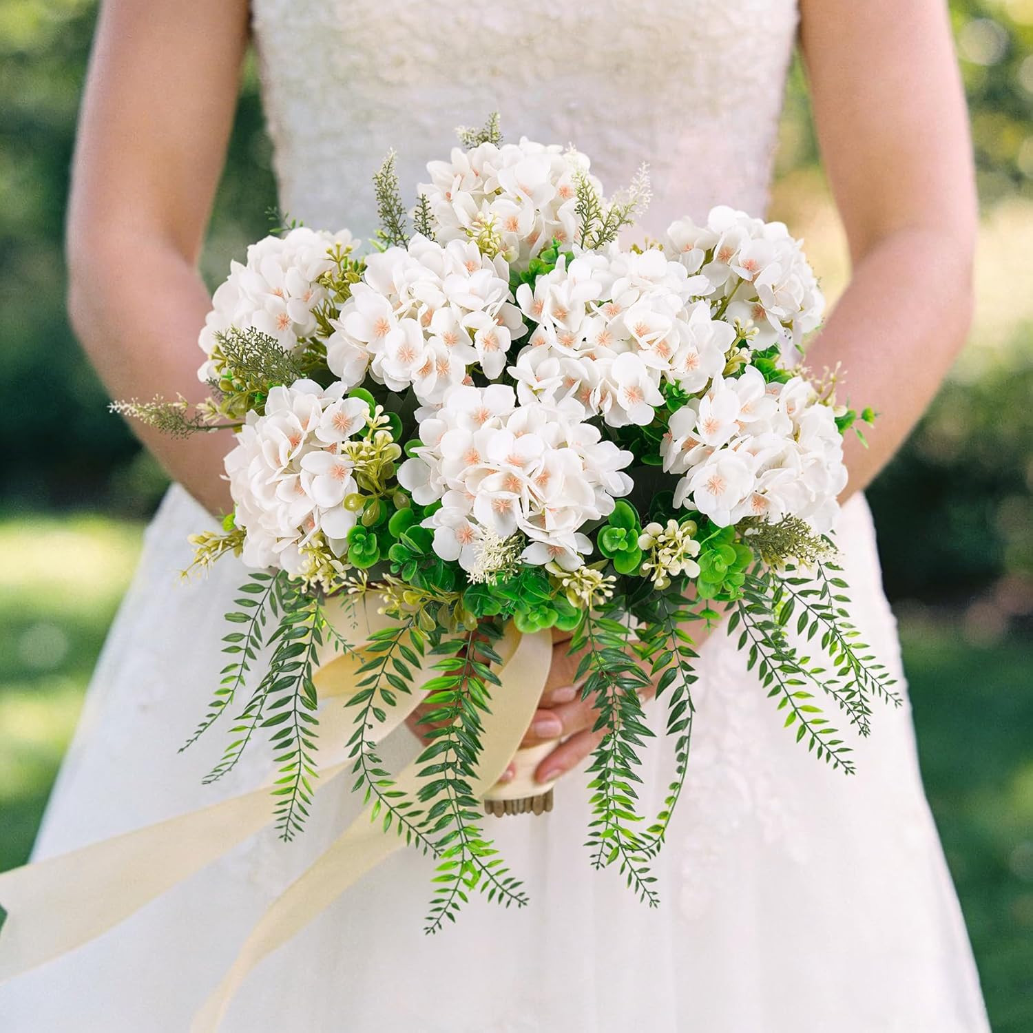 8 Pcs Artificial Hydrangea Flowers Silk White Fake Flower with Eucalyptus for Ou