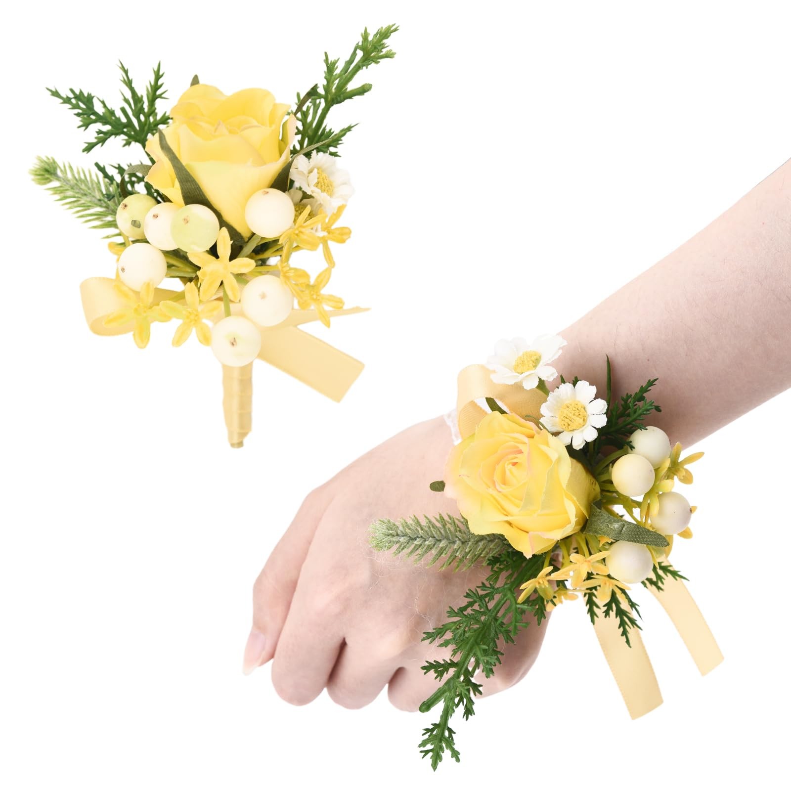 2 PCS Wedding Wrist Corsage Boutonniere Set Light Yellow Rose Hand Flower Prom