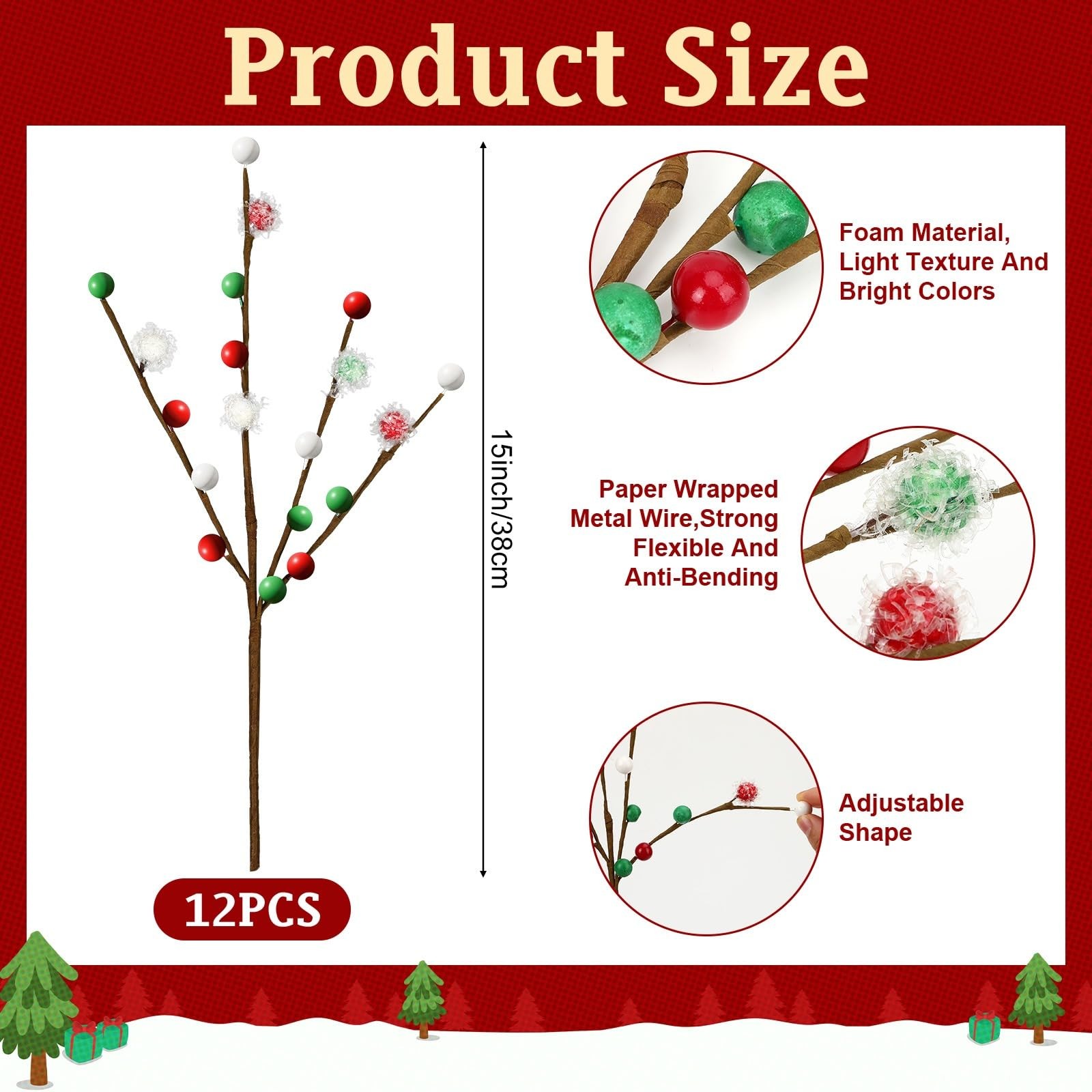 12 PCS Christmas Tree Picks Decorations,Red Green White Artificial Branches w…