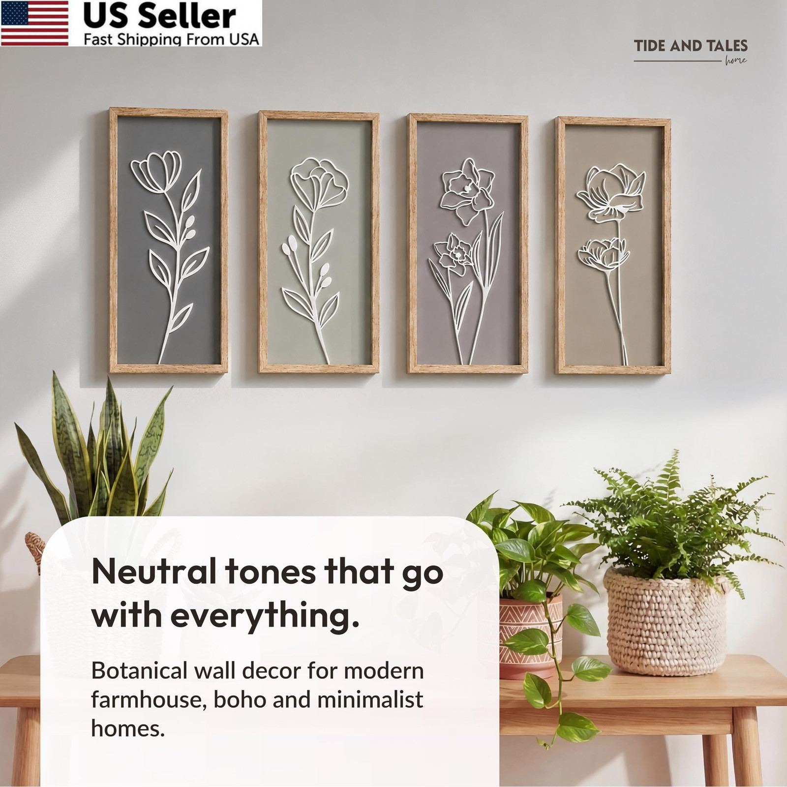 3D Wooden Floral Bathroom Wall Decor (Set of 4) 7″ x 16″, Naturals