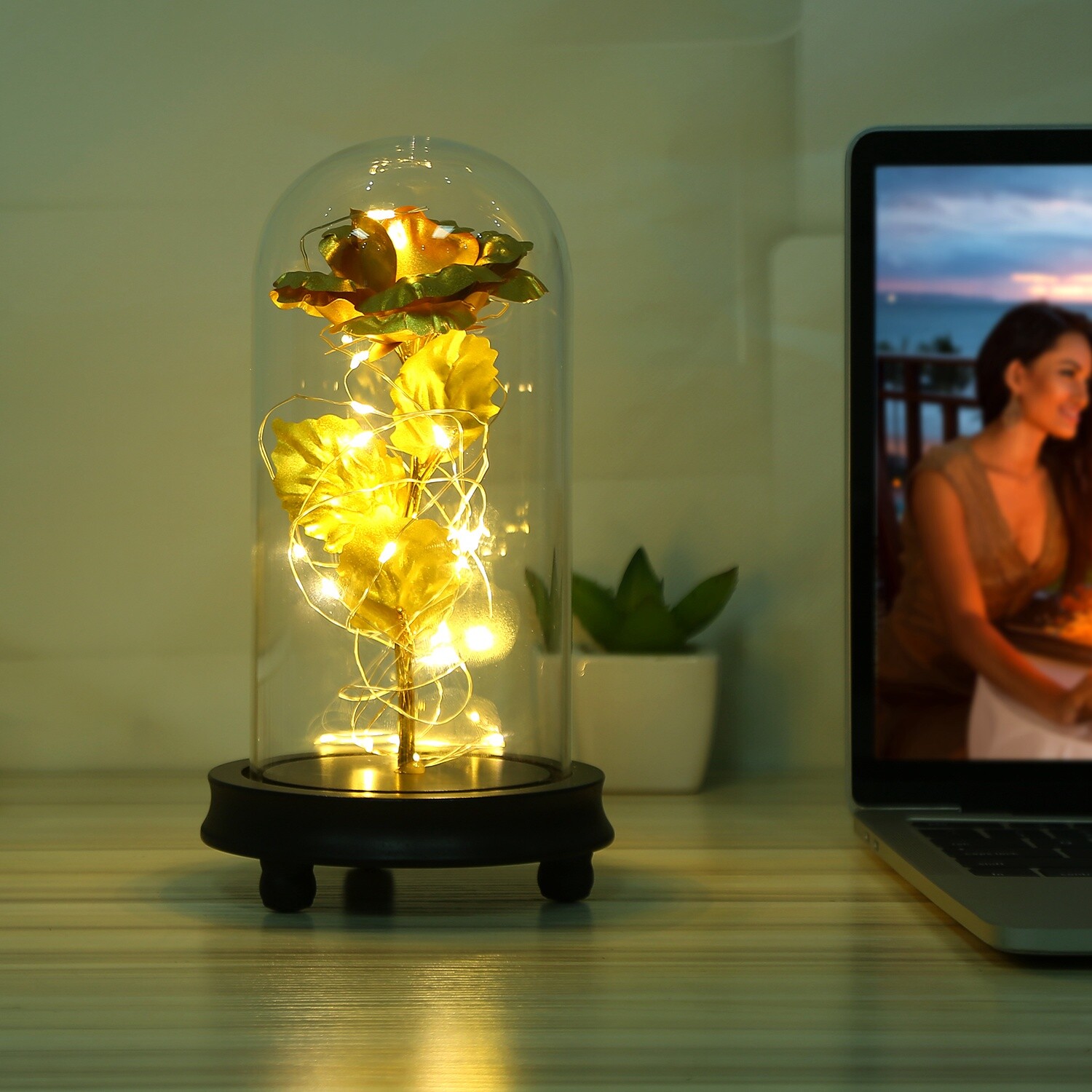 Gold Foil Rose Flower 20 LED Glass Lamp String Night Light Wedding Party Decor