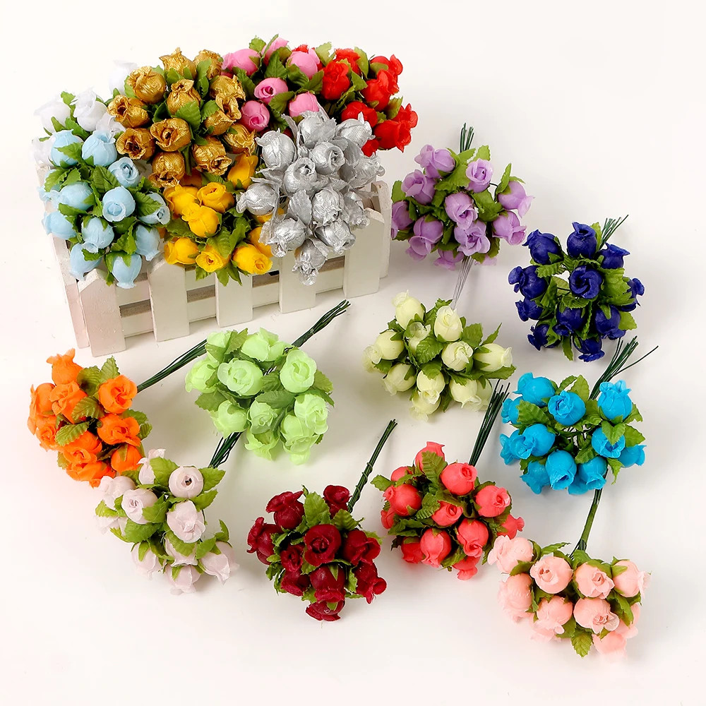 12Pcs/Lot Mini Artificial Rose Flowers Bouquet Silk Fake Flowers for Home Decor