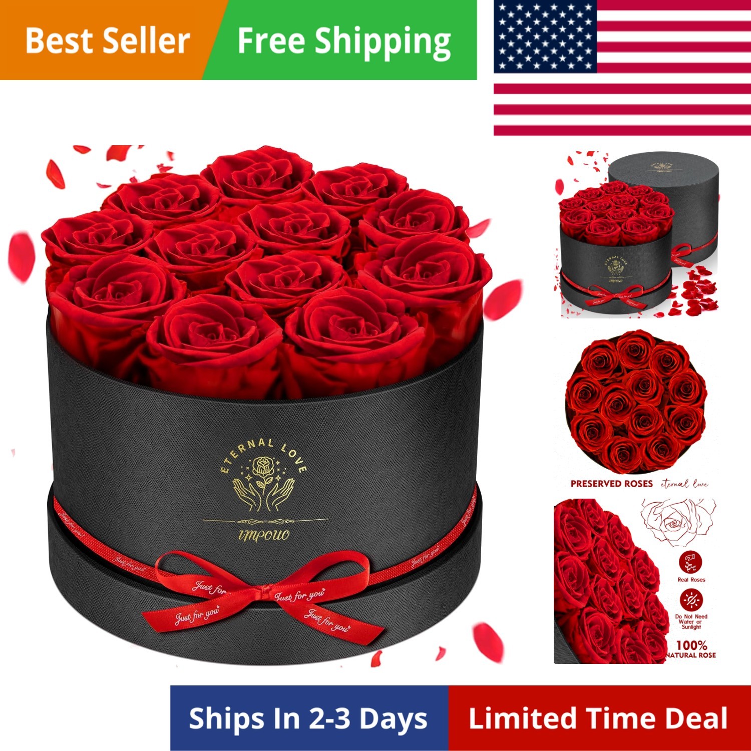 Forever Flowers,12 Red Roses in A Box, Real Preserved Roses, Birthday Gift fo…
