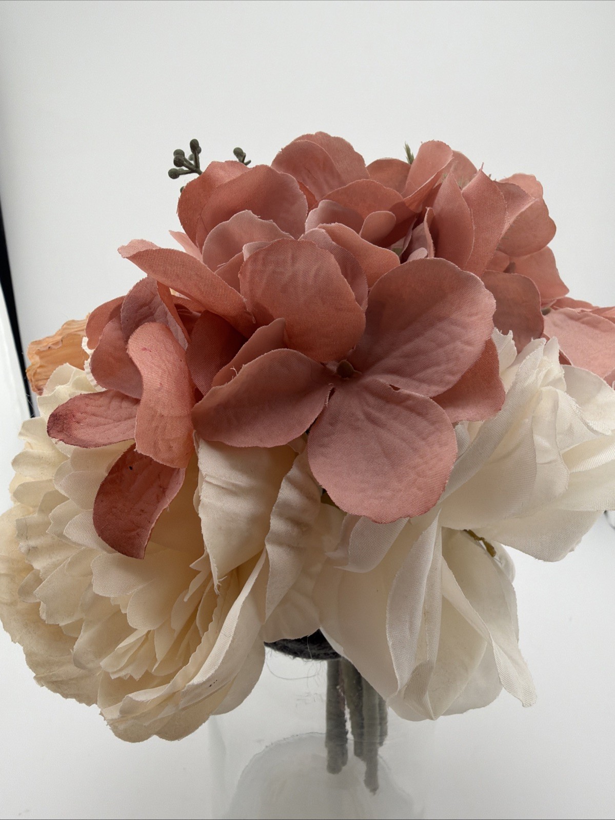 Flower Arrangement Rose, Blush, Peach, Green Mason Jar Artificial 11” Glass