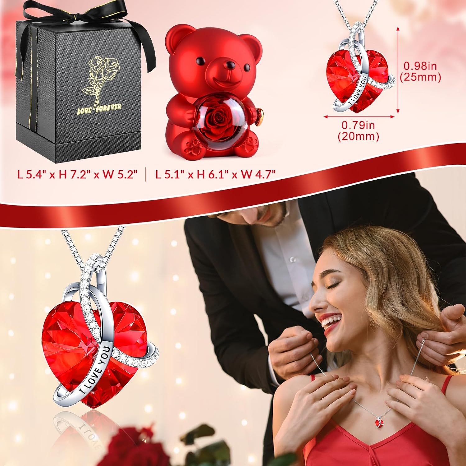 Cute Teddy Bear with Preserved Rose,Eternal Flowers Rotating Rose Box with Neckl
