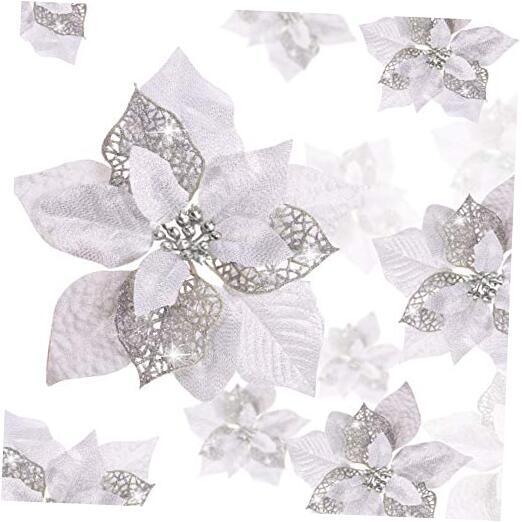 36 Pieces Christmas Poinsettia Glitter Faux Flowers Christmas Silver