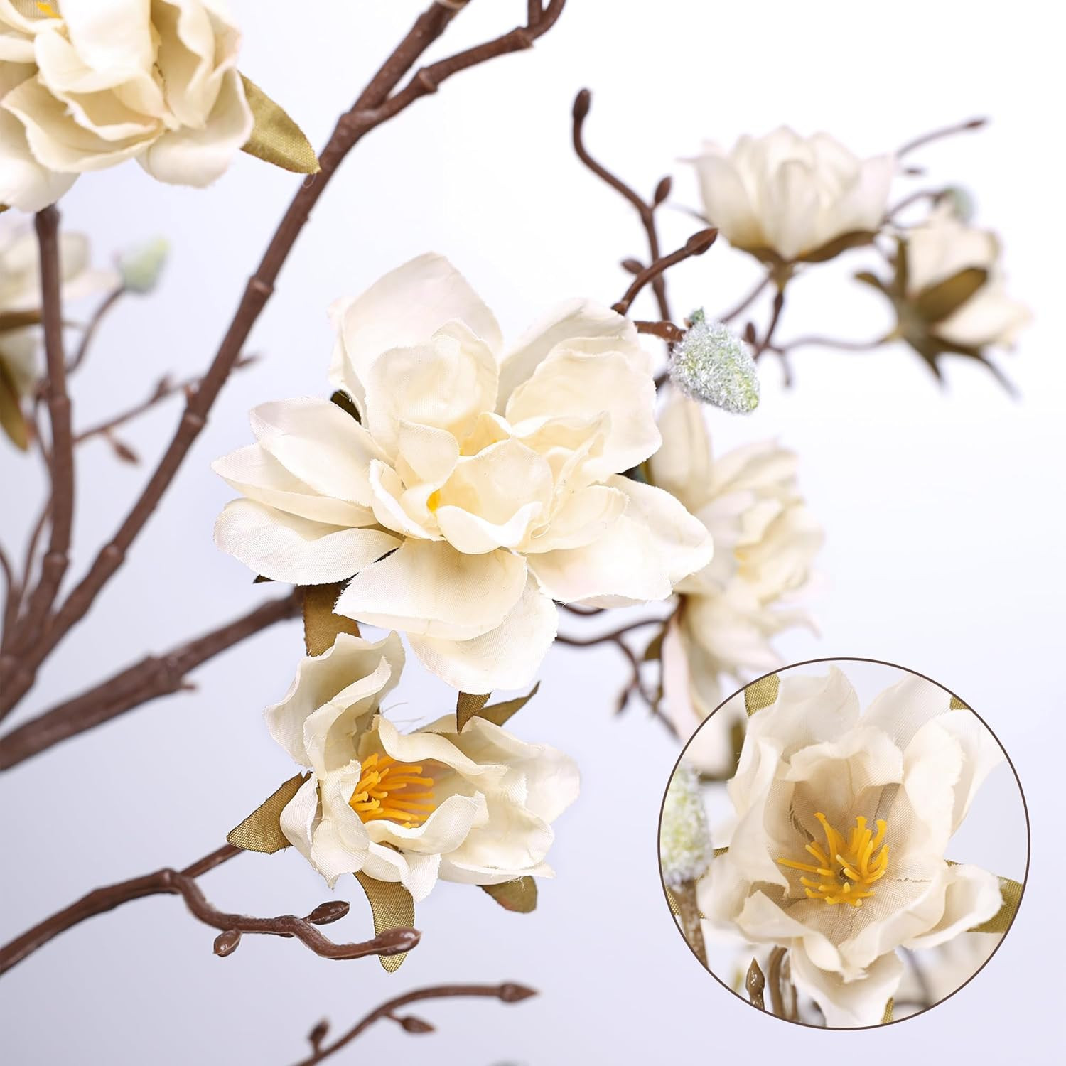 3PCS Artificial Magnolia Flowers Stems for Spring Decoration, Faux Champagne Mag