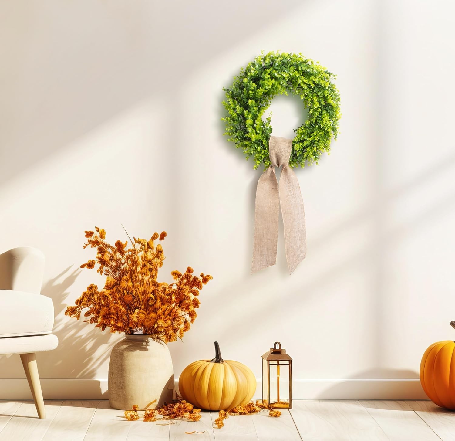 20″ Artificial Boxwood Wreath with Burlap Ribbon – UV-Resistant Weatherproof