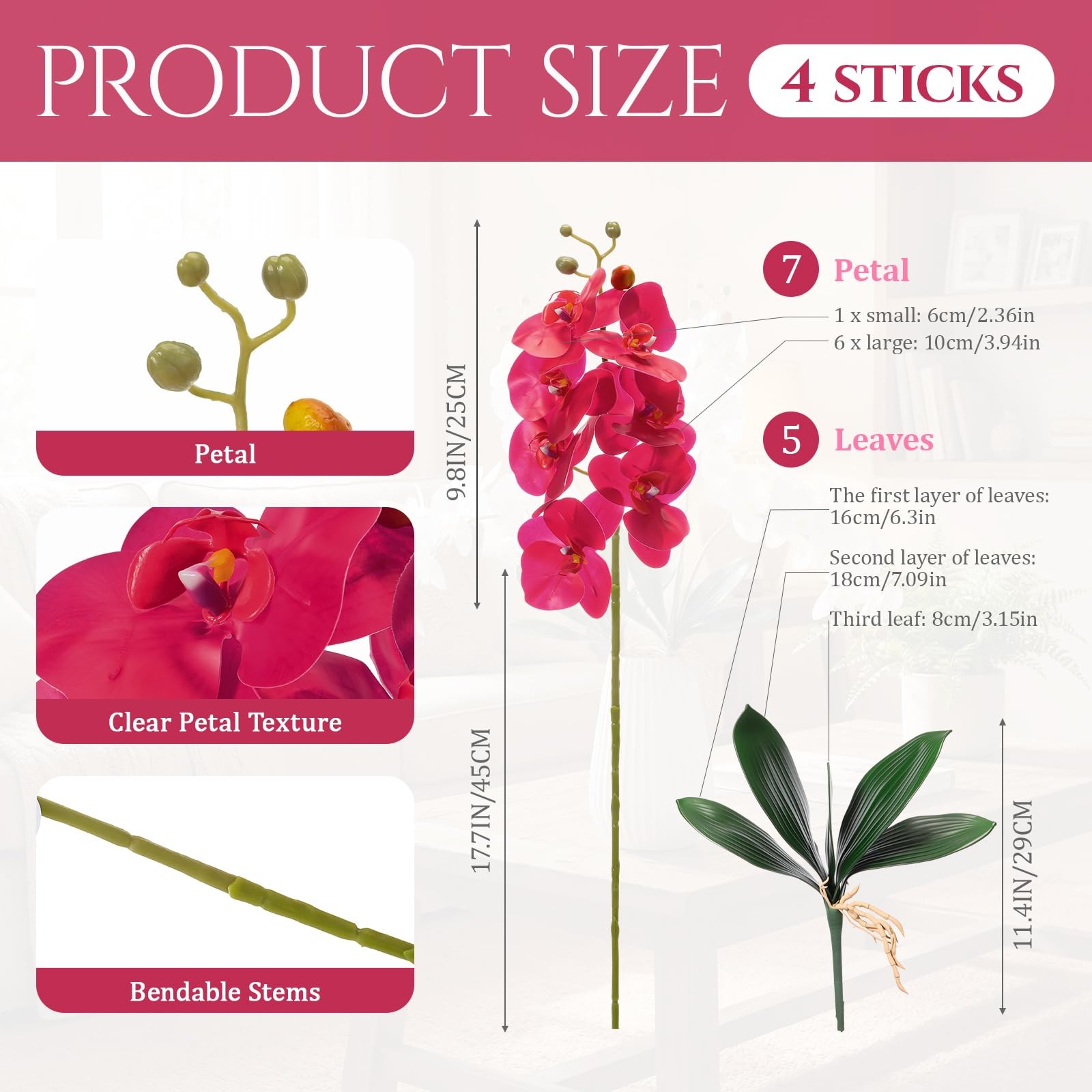32 Inch Artificial Orchid with 4 Bundles Leaves – Silk Phalaenopsis, Faux Orc…